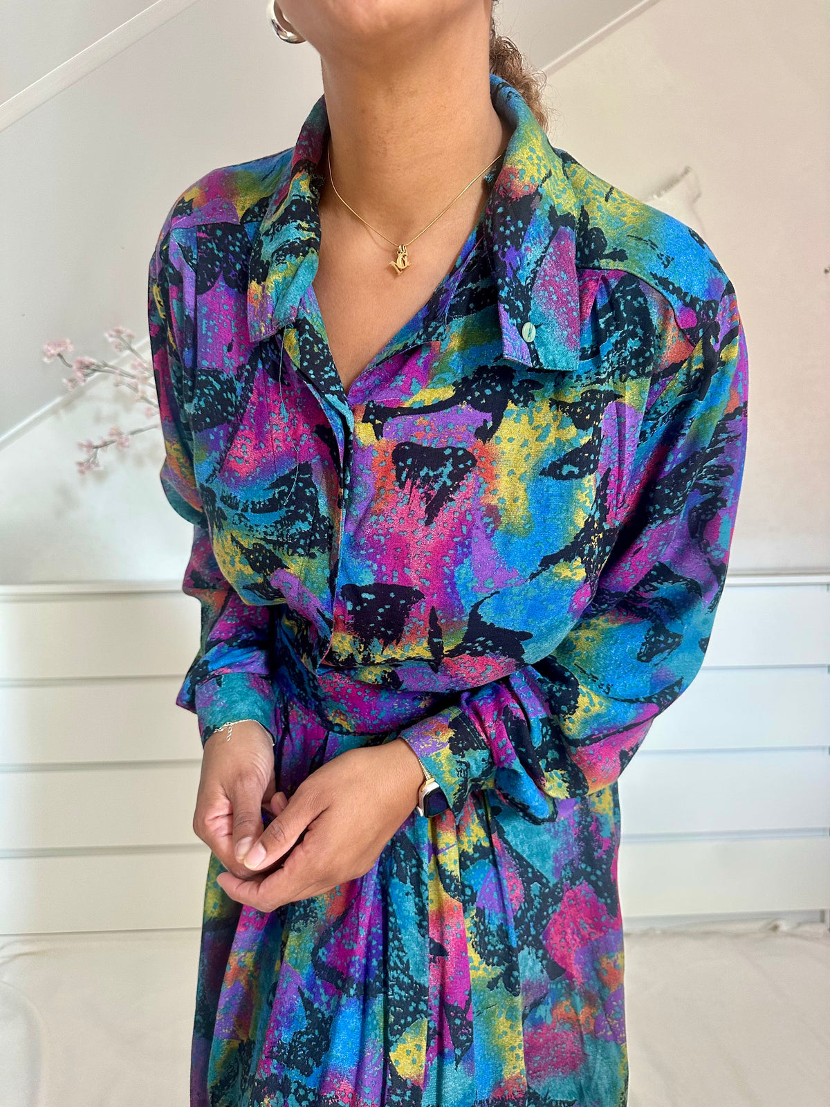 Vintage viscose co-ord set met kleurrijke bonte print -L/XL