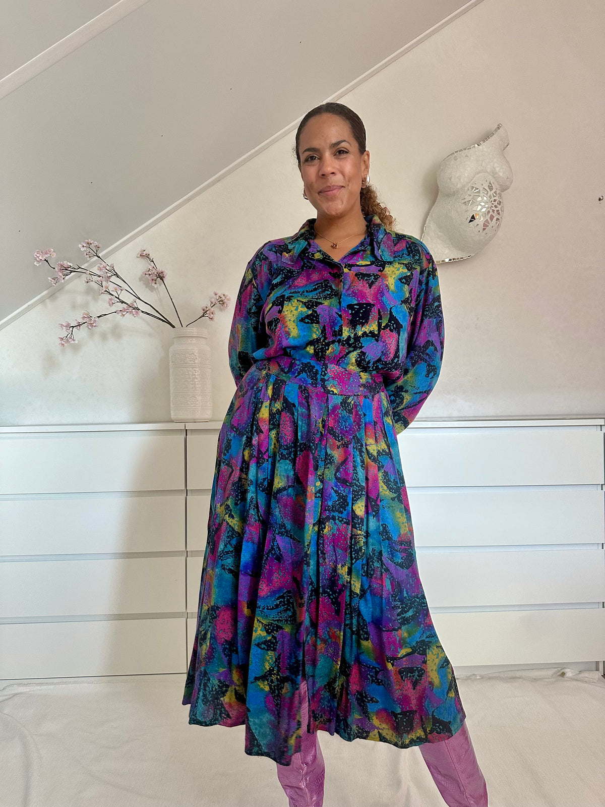 Vintage viscose co-ord set met kleurrijke bonte print -L/XL
