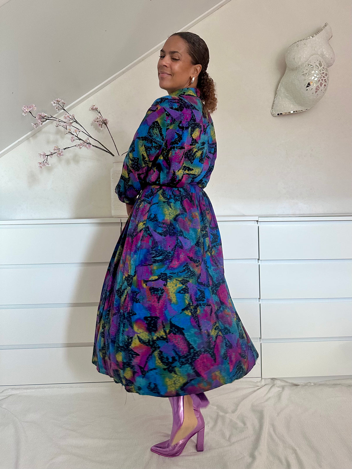 Vintage viscose co-ord set met kleurrijke bonte print -L/XL