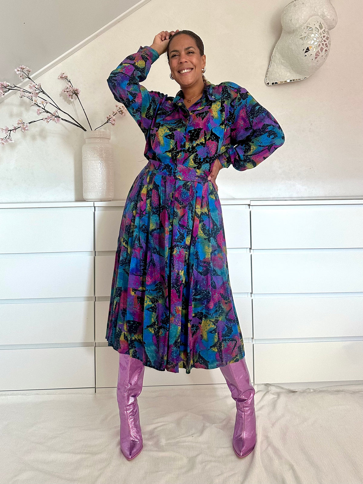 Vintage viscose co-ord set met kleurrijke bonte print -L/XL