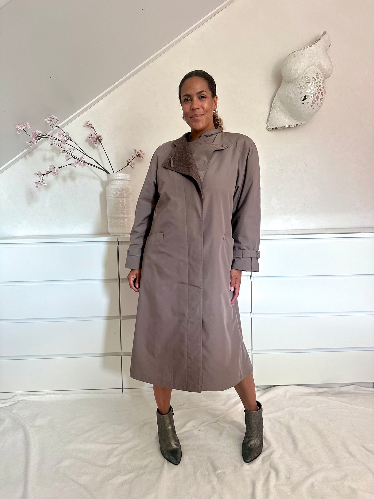 Vintage taupe trenchcoat met wollen voering - XL