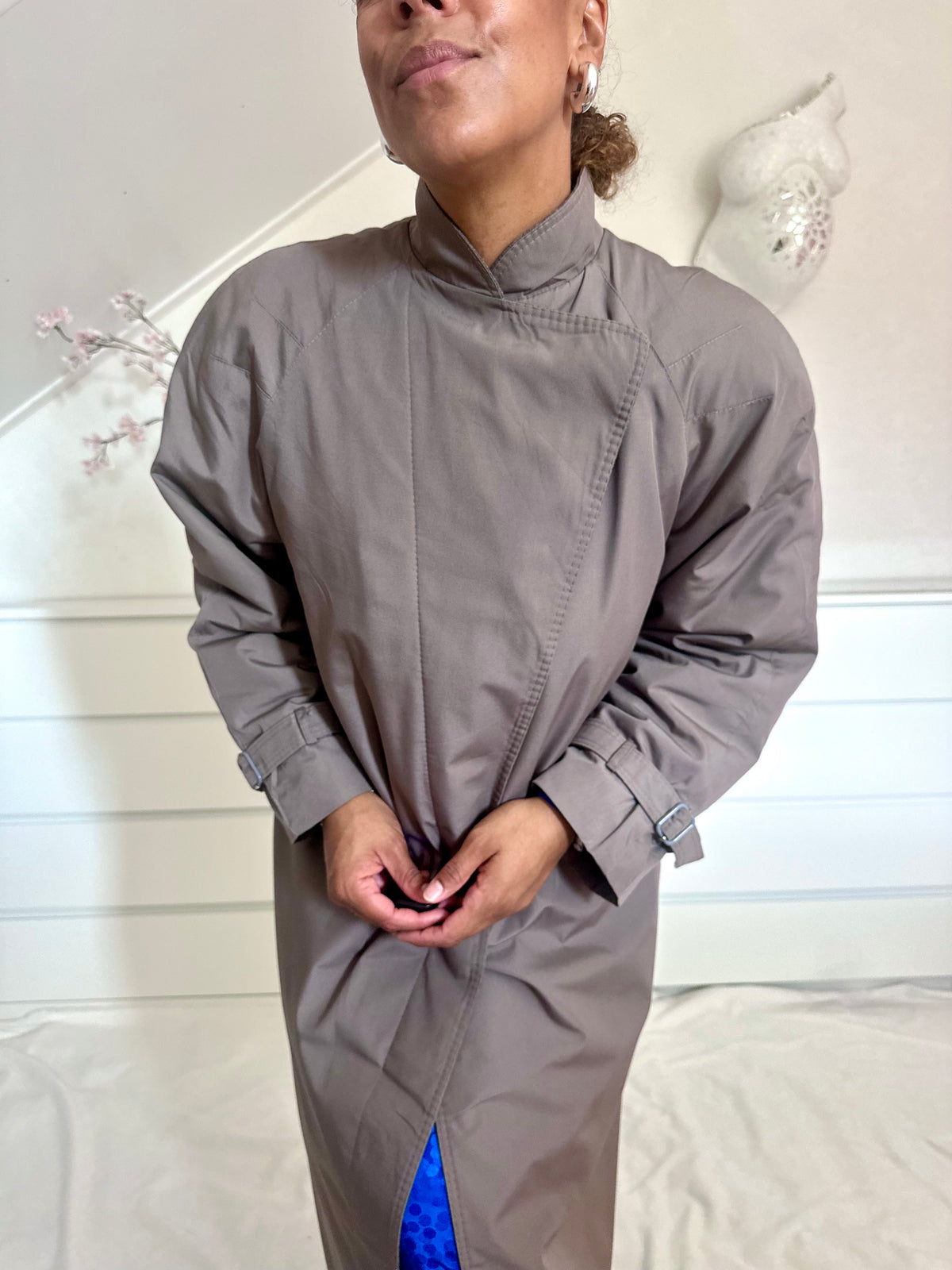 Vintage taupe trenchcoat met wollen voering - XL