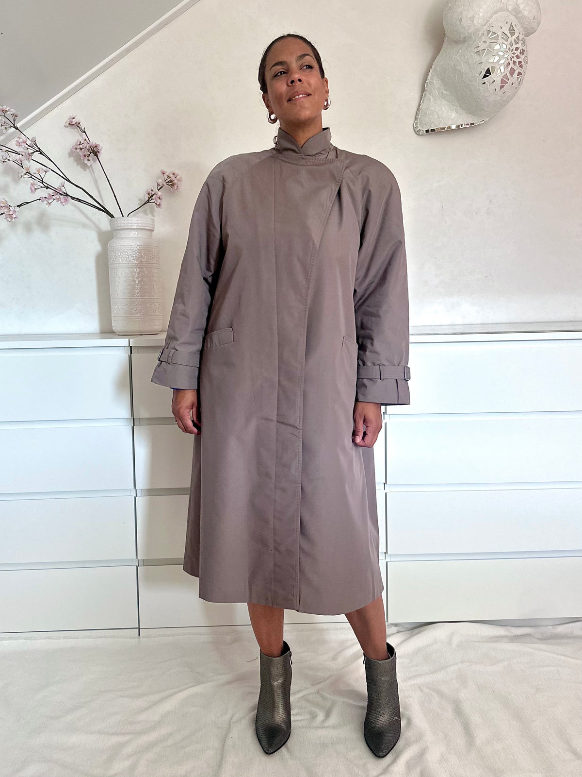 Vintage taupe trenchcoat met wollen voering - XL