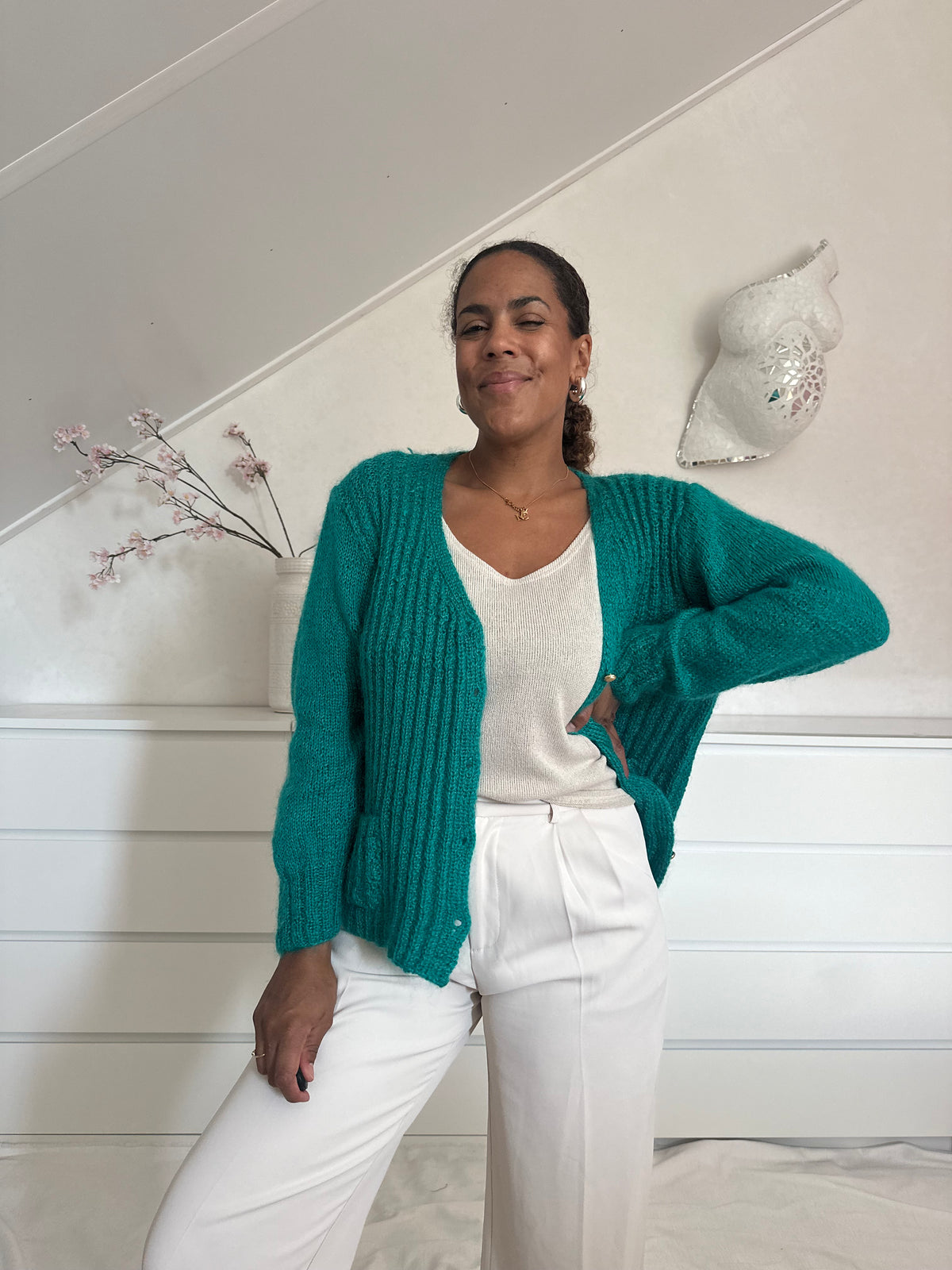 Vintage gebreid vest met gouden knoopjes in zeegroen - M