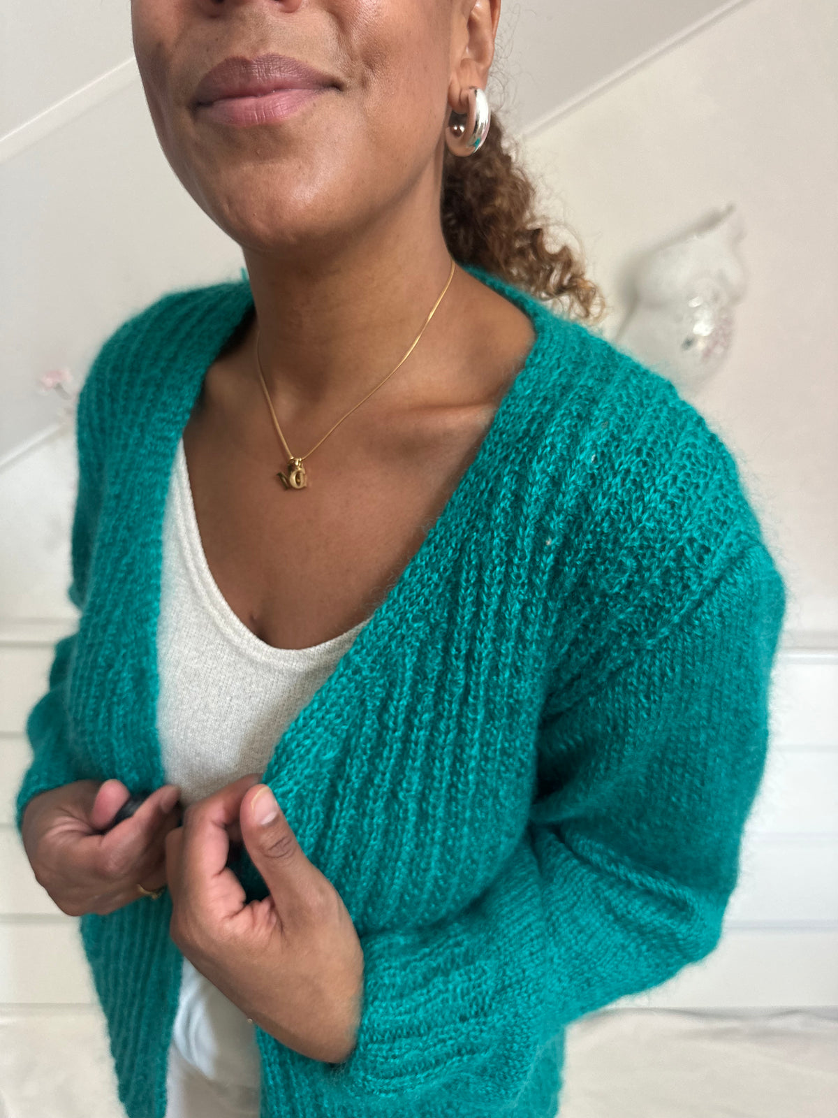 Vintage gebreid vest met gouden knoopjes in zeegroen - M