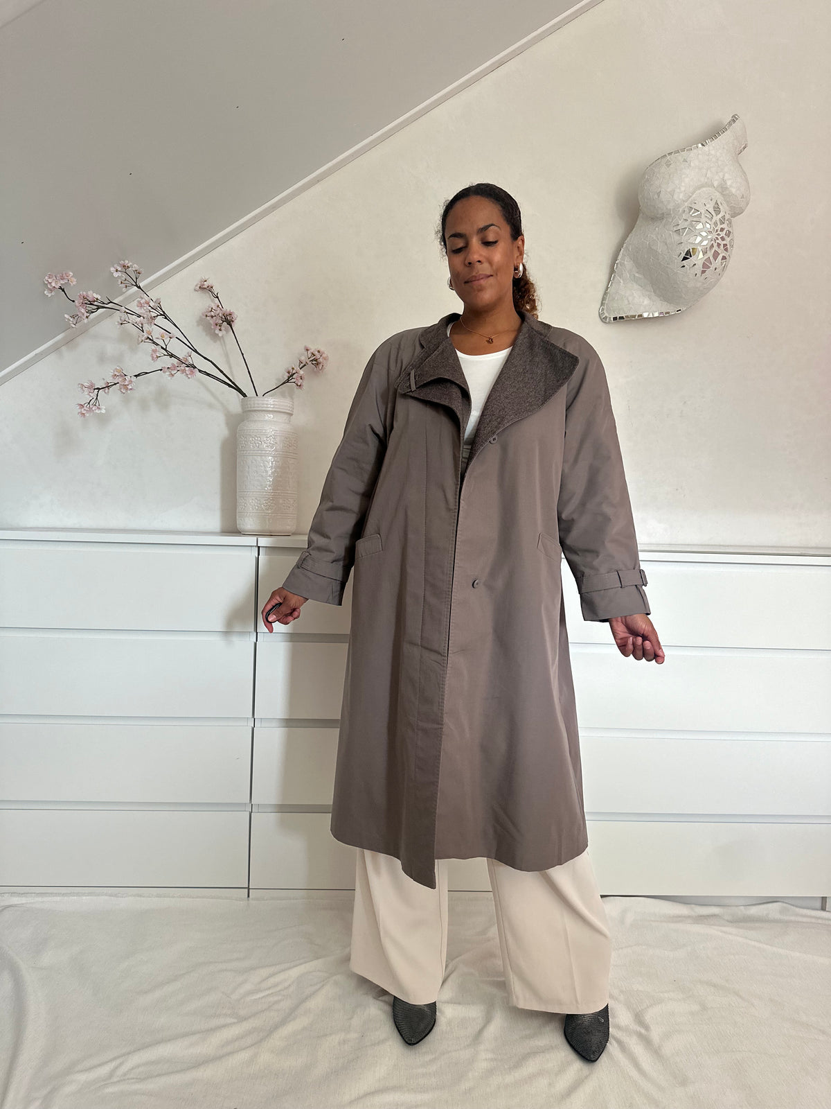 Vintage taupe trenchcoat met wollen voering - XL