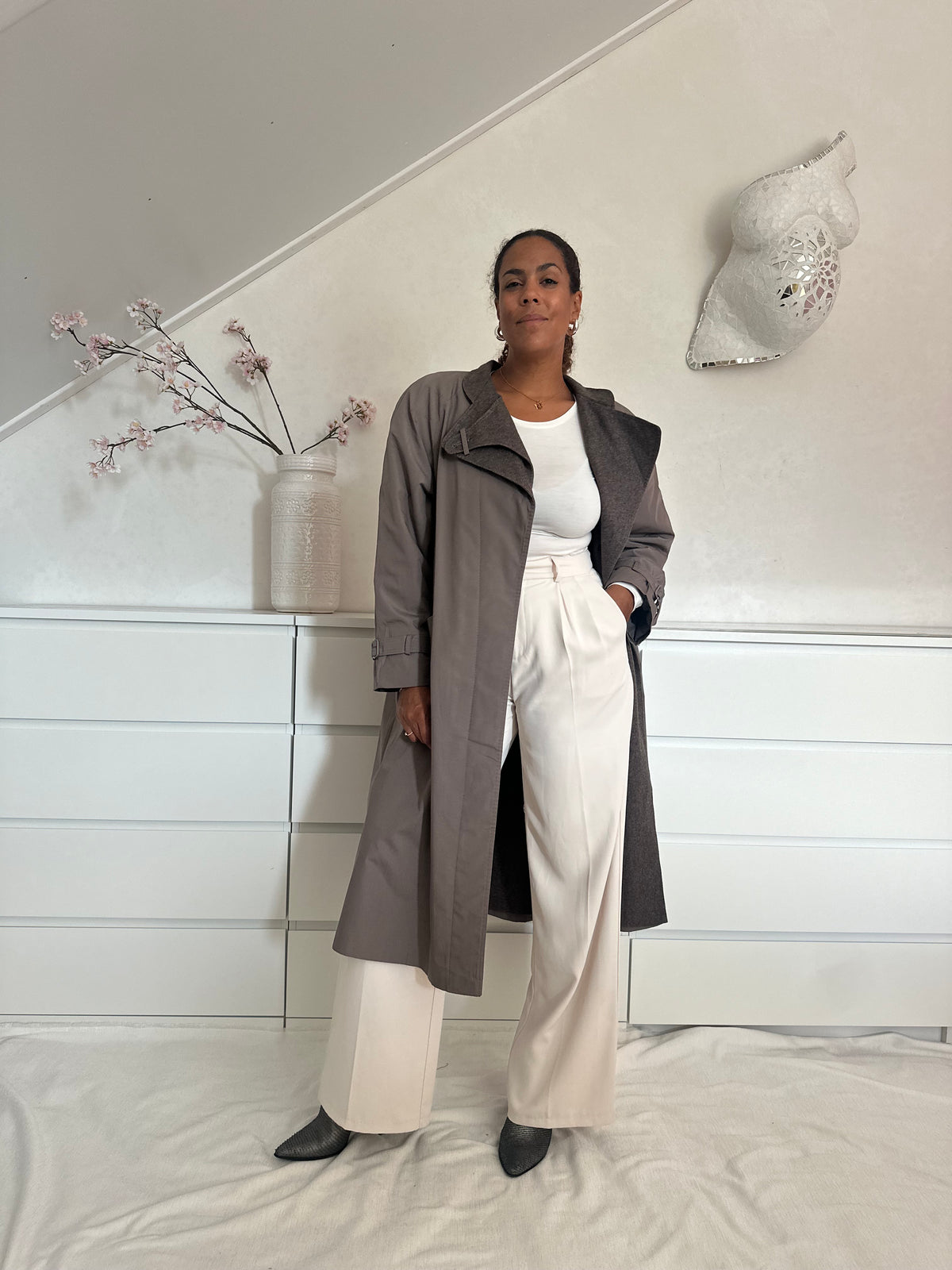 Vintage taupe trenchcoat met wollen voering - XL
