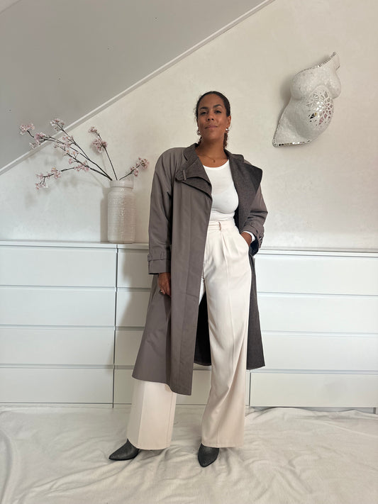 Vintage taupe trenchcoat met wollen voering - XL