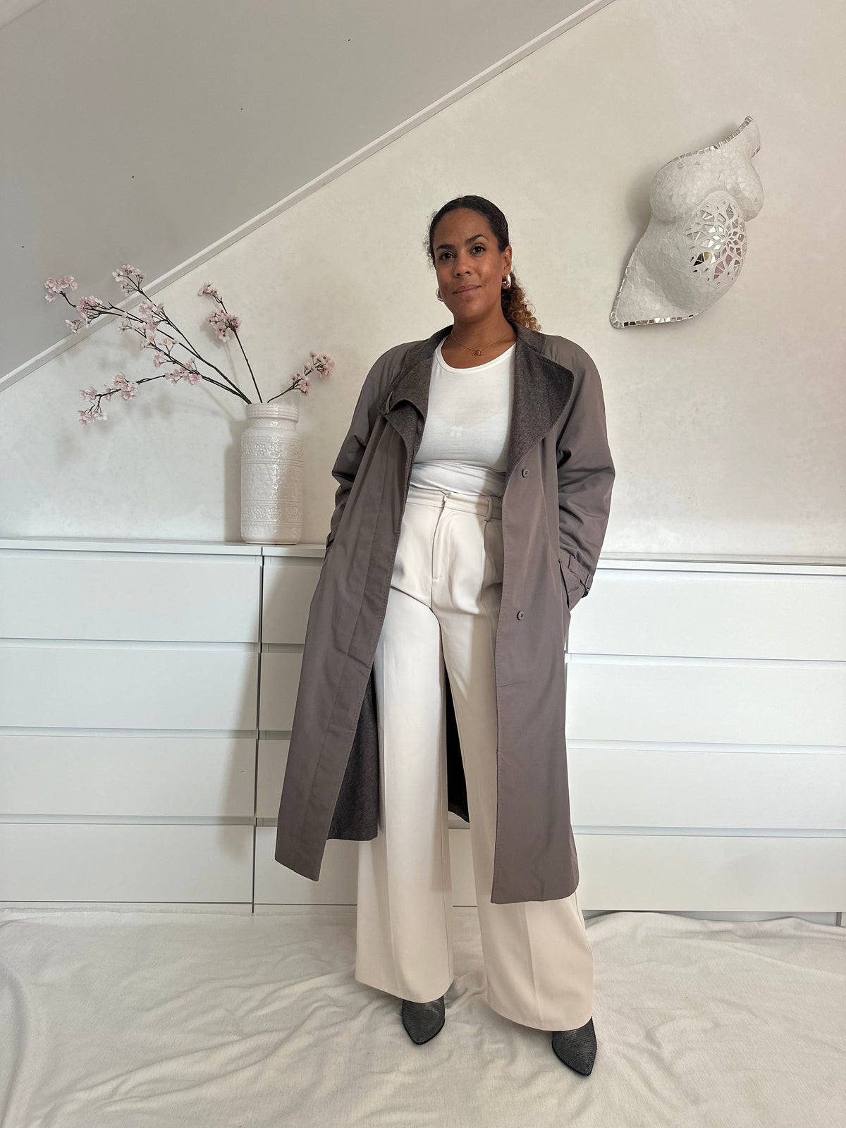 Vintage taupe trenchcoat met wollen voering - XL