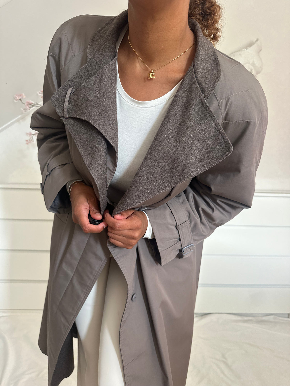 Vintage taupe trenchcoat met wollen voering - XL