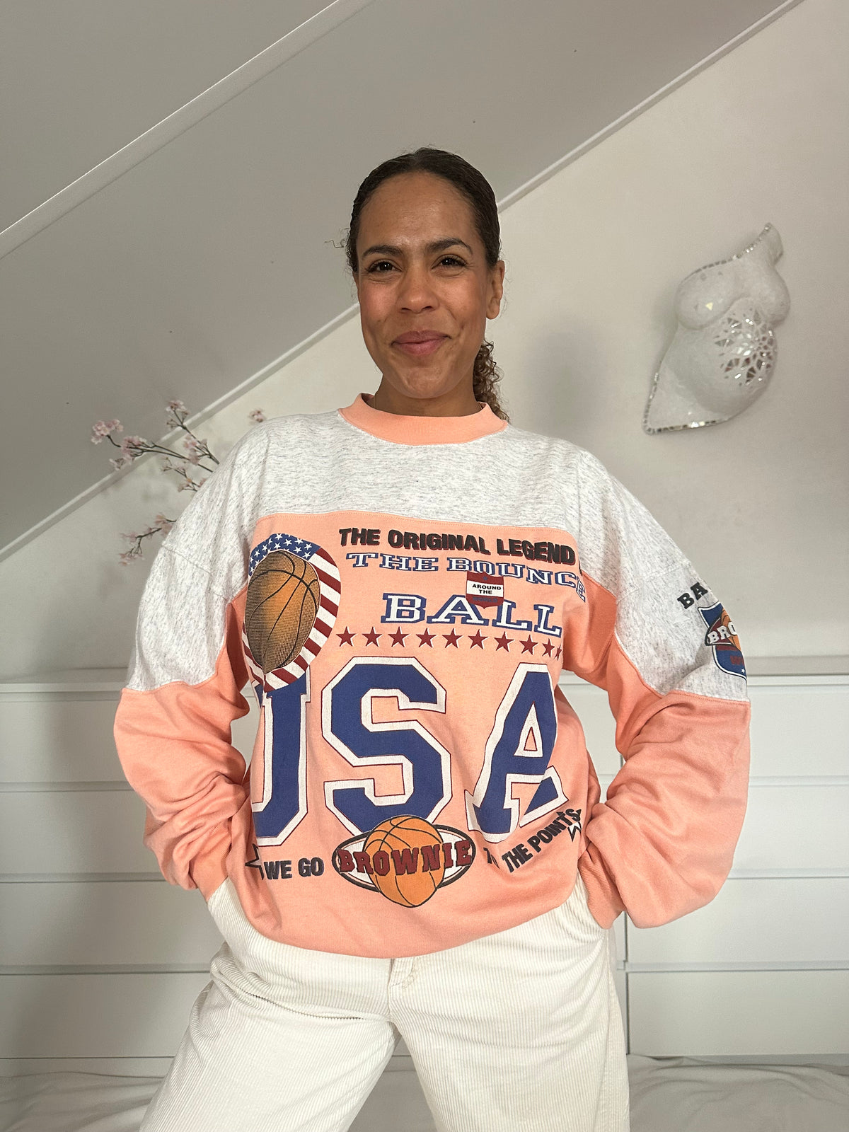 Vintage zalmkleurig gestreepte sweater