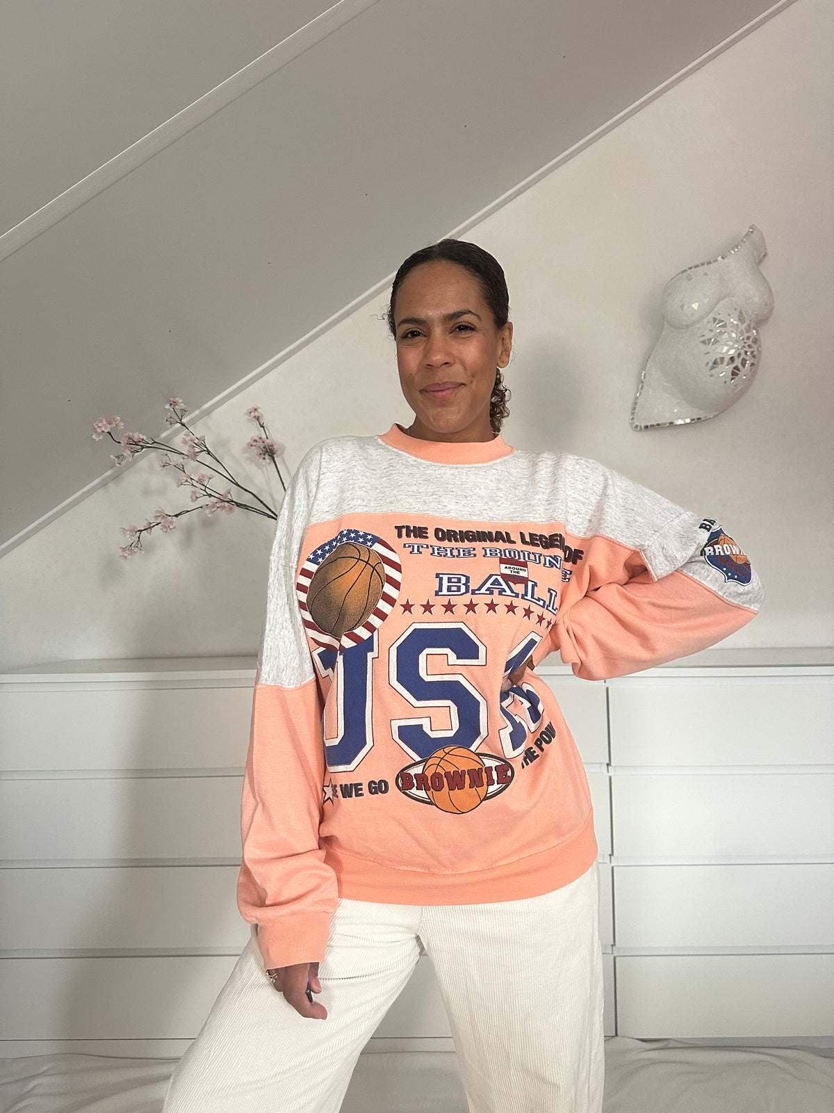 Vintage zalmkleurig gestreepte sweater