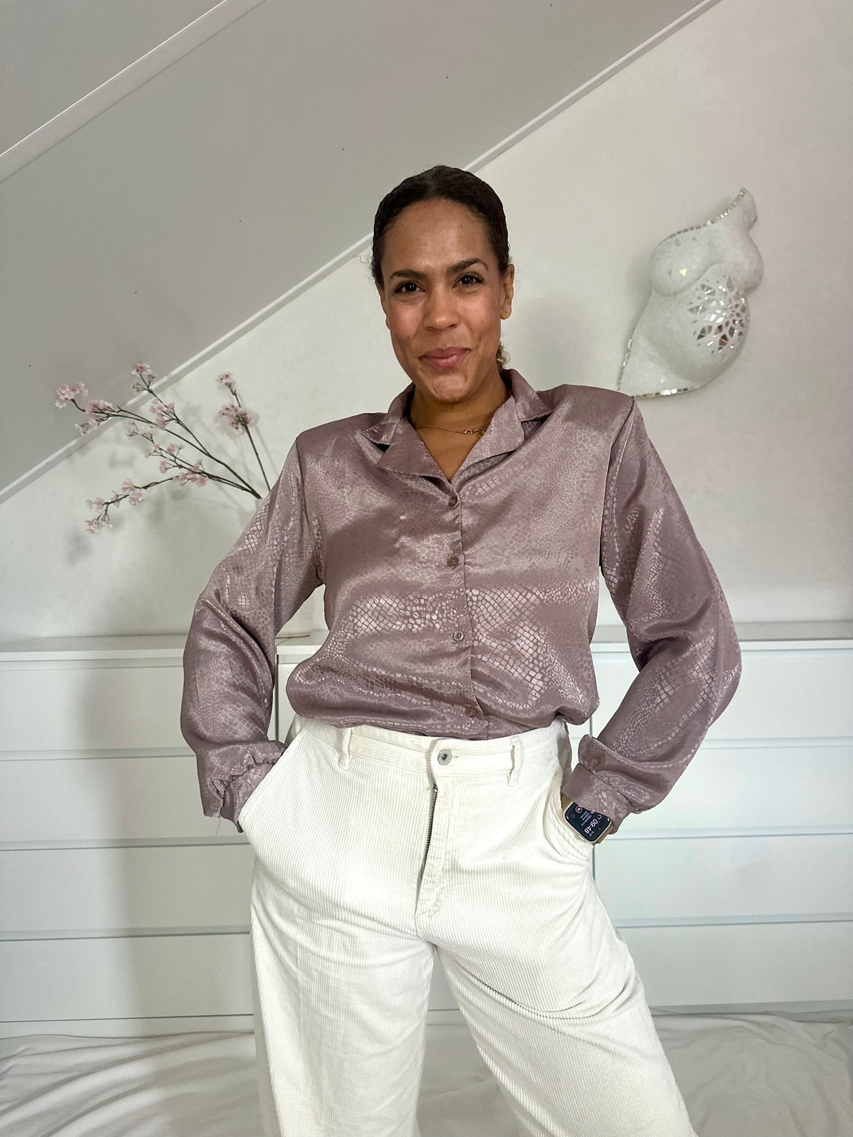 Vintage taupe kleurige blouse met glanzende slangenprint - L/XL