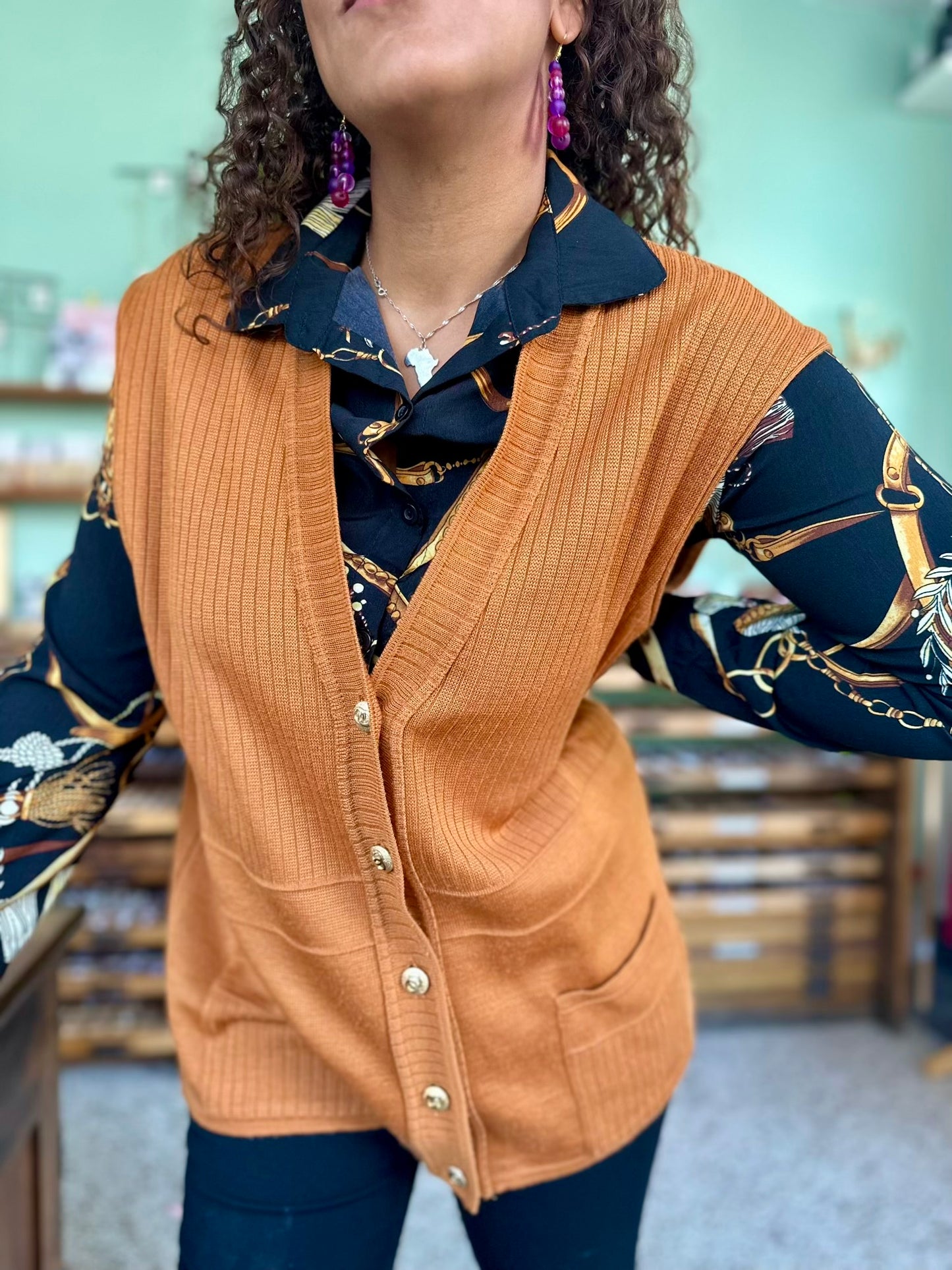 Vintage camel knitted waistcoat - XL-XXL