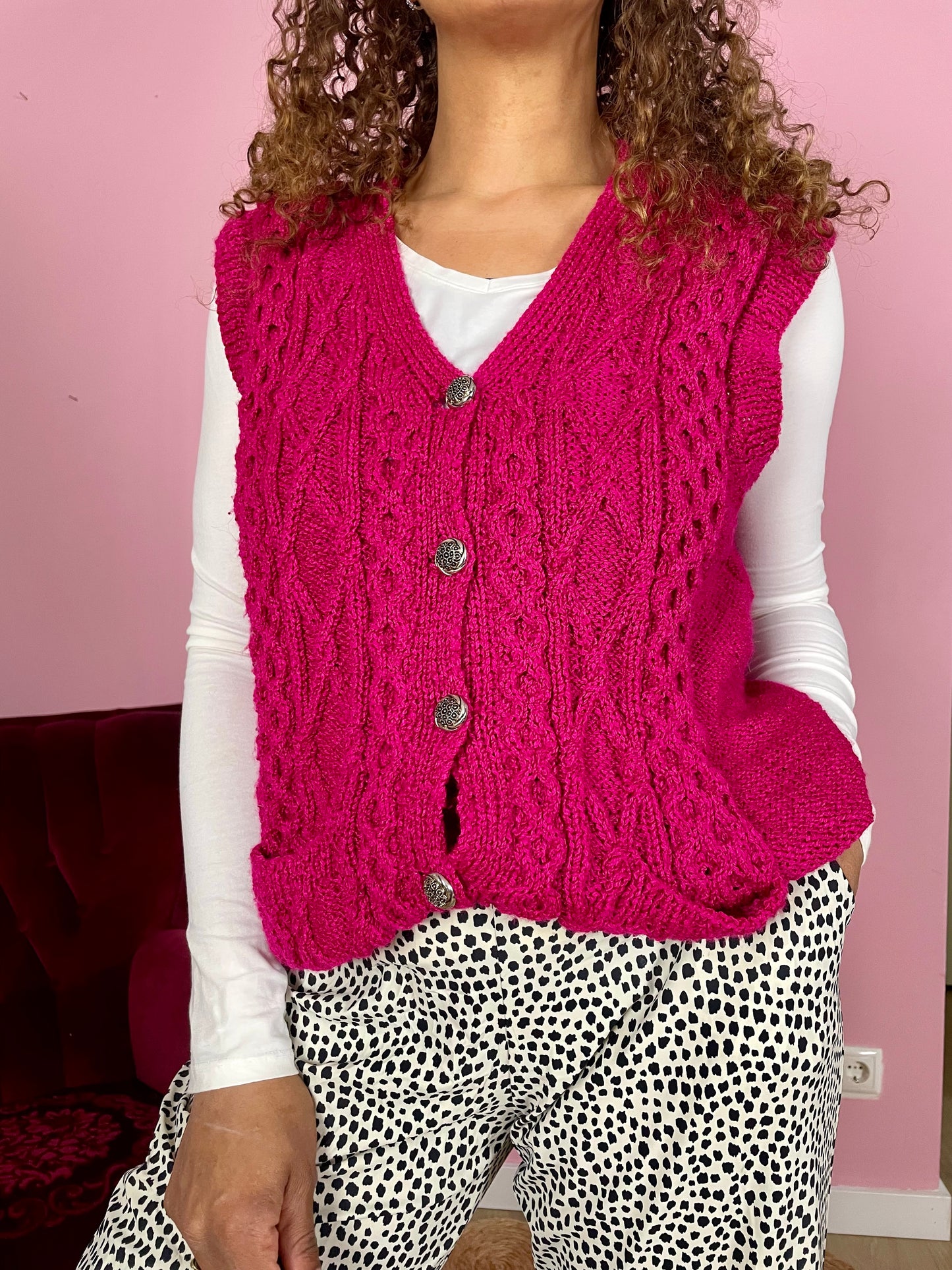 Vintage magenta mouwloos vestje
