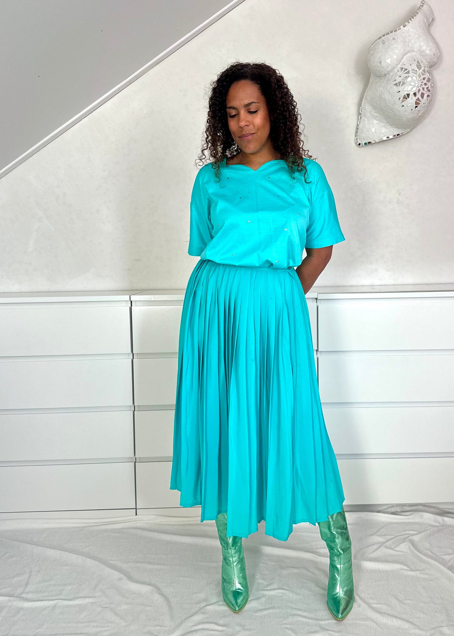 Vintage turquoise midi-rok met plooien - M/L