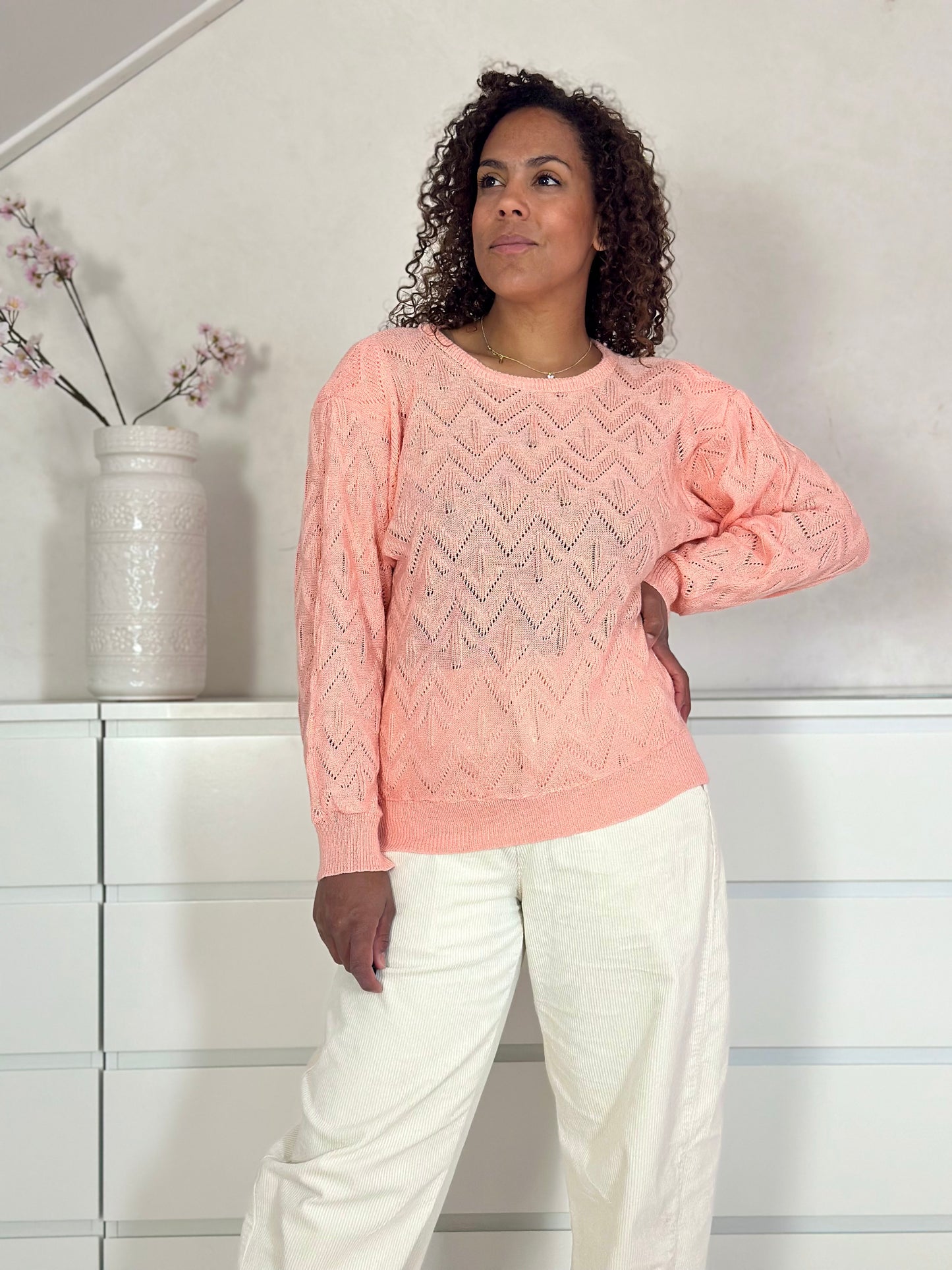 Vintage peach sweater met zigzag patroon - M/L