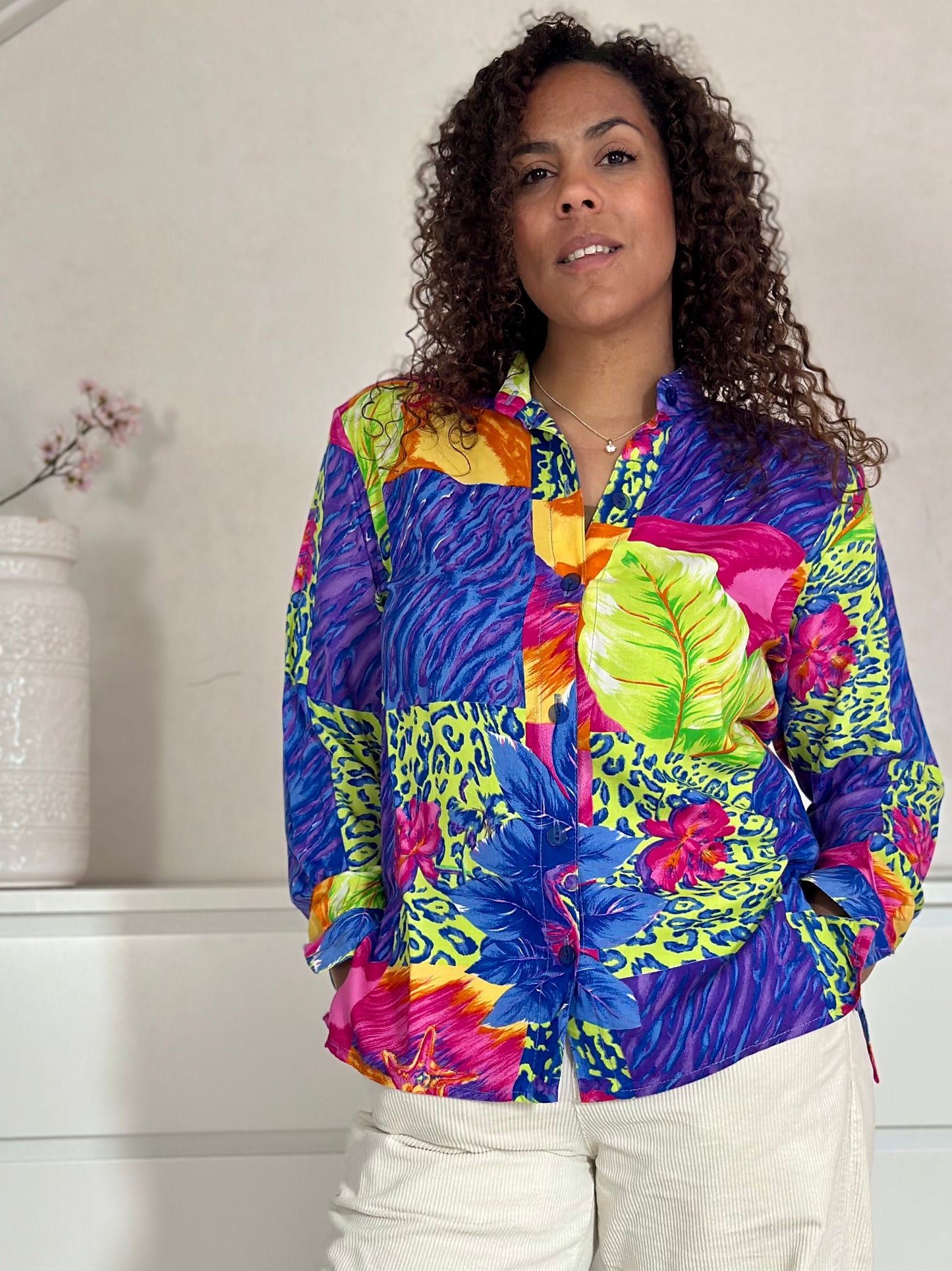 Vintage tropische viscose blouse met botanische print - M