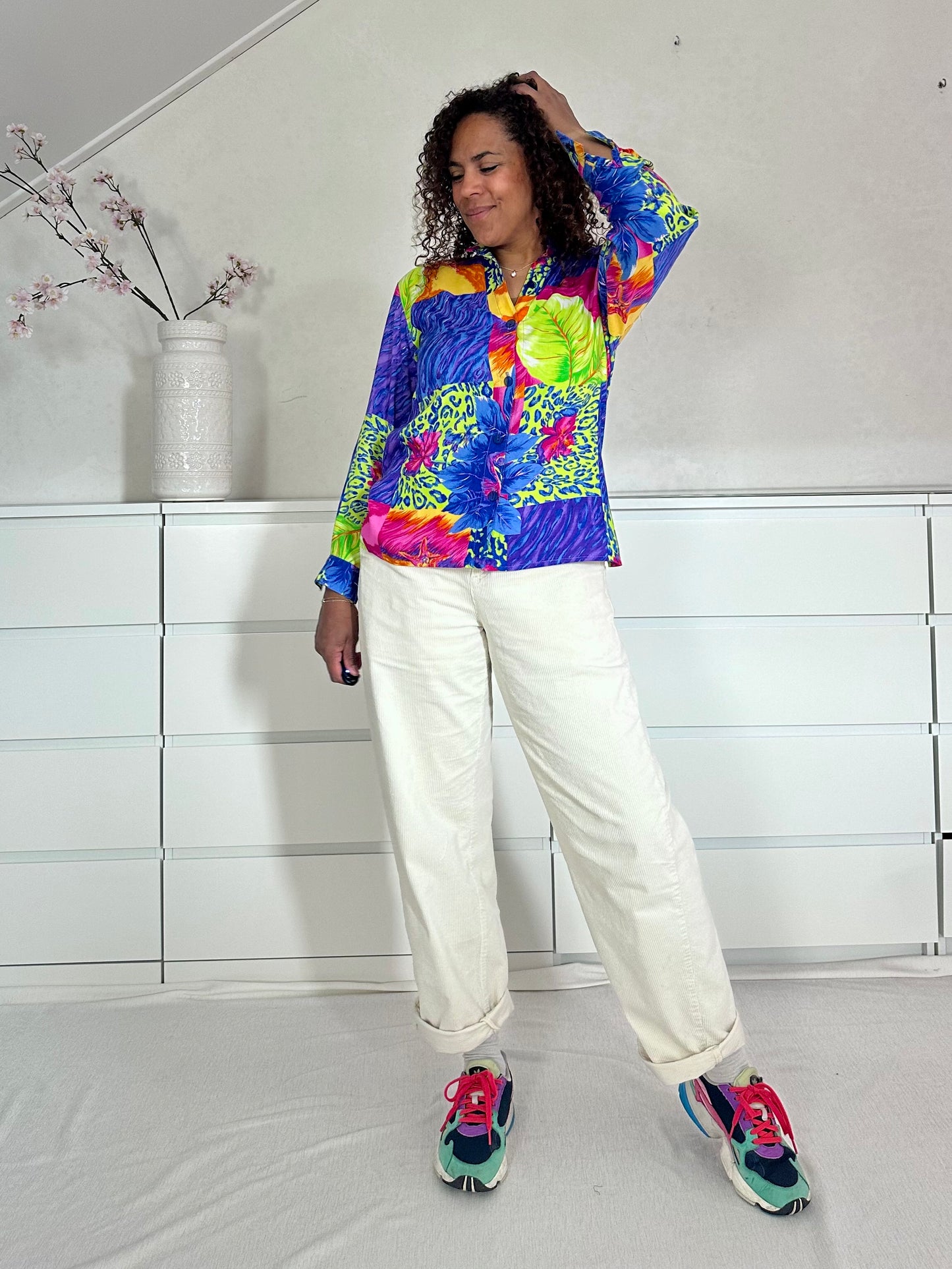 Vintage tropische viscose blouse met botanische print - M