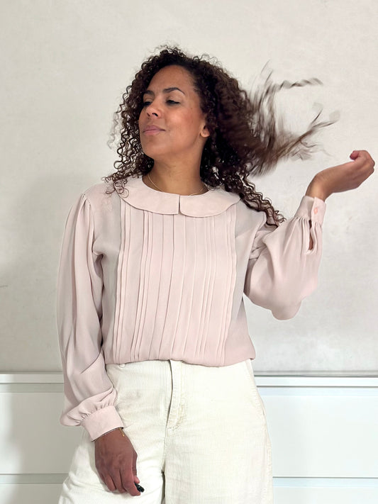Vintage zachtroze plooi blouse M-L