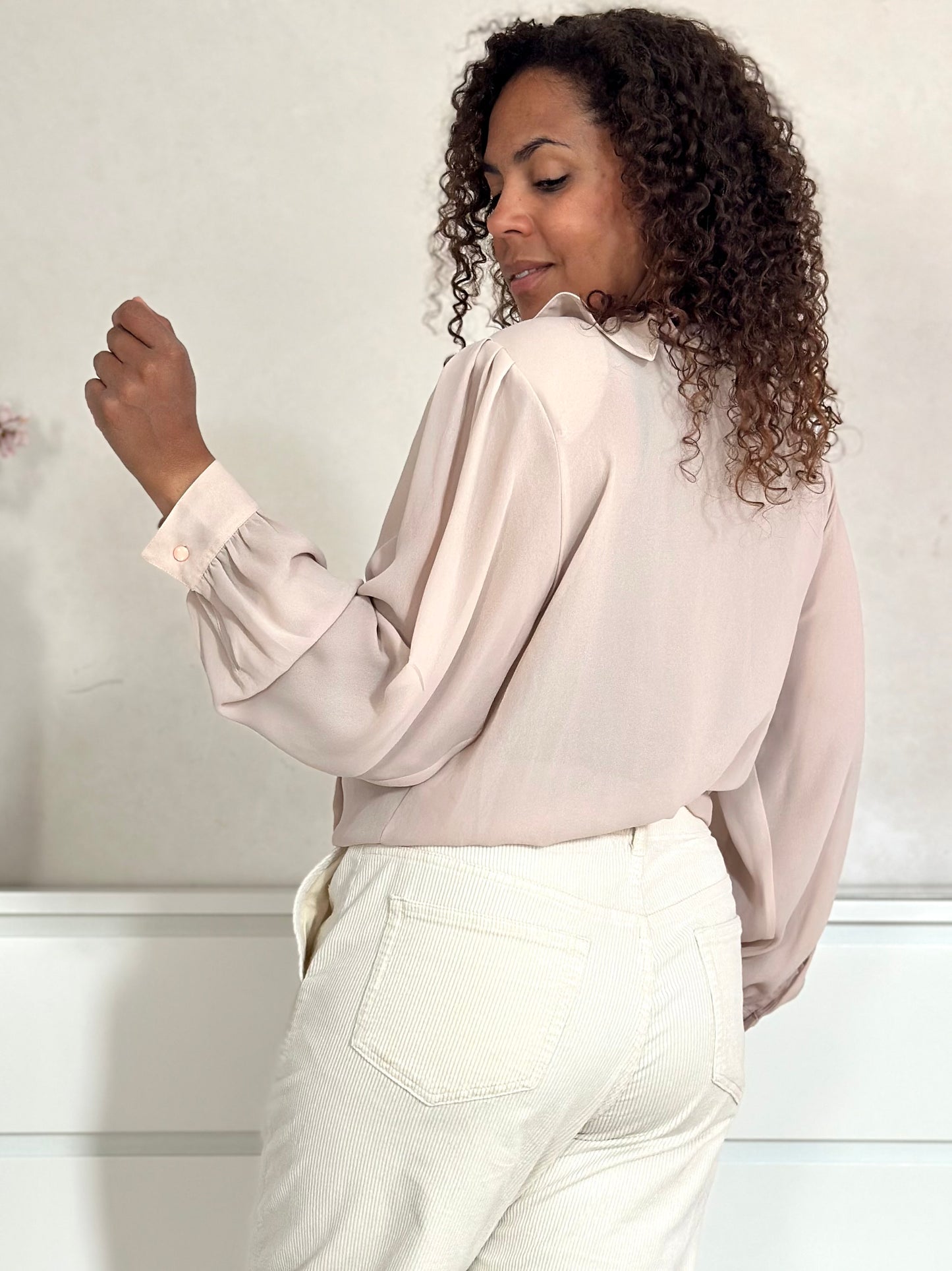 Vintage zachtroze plooi blouse M-L