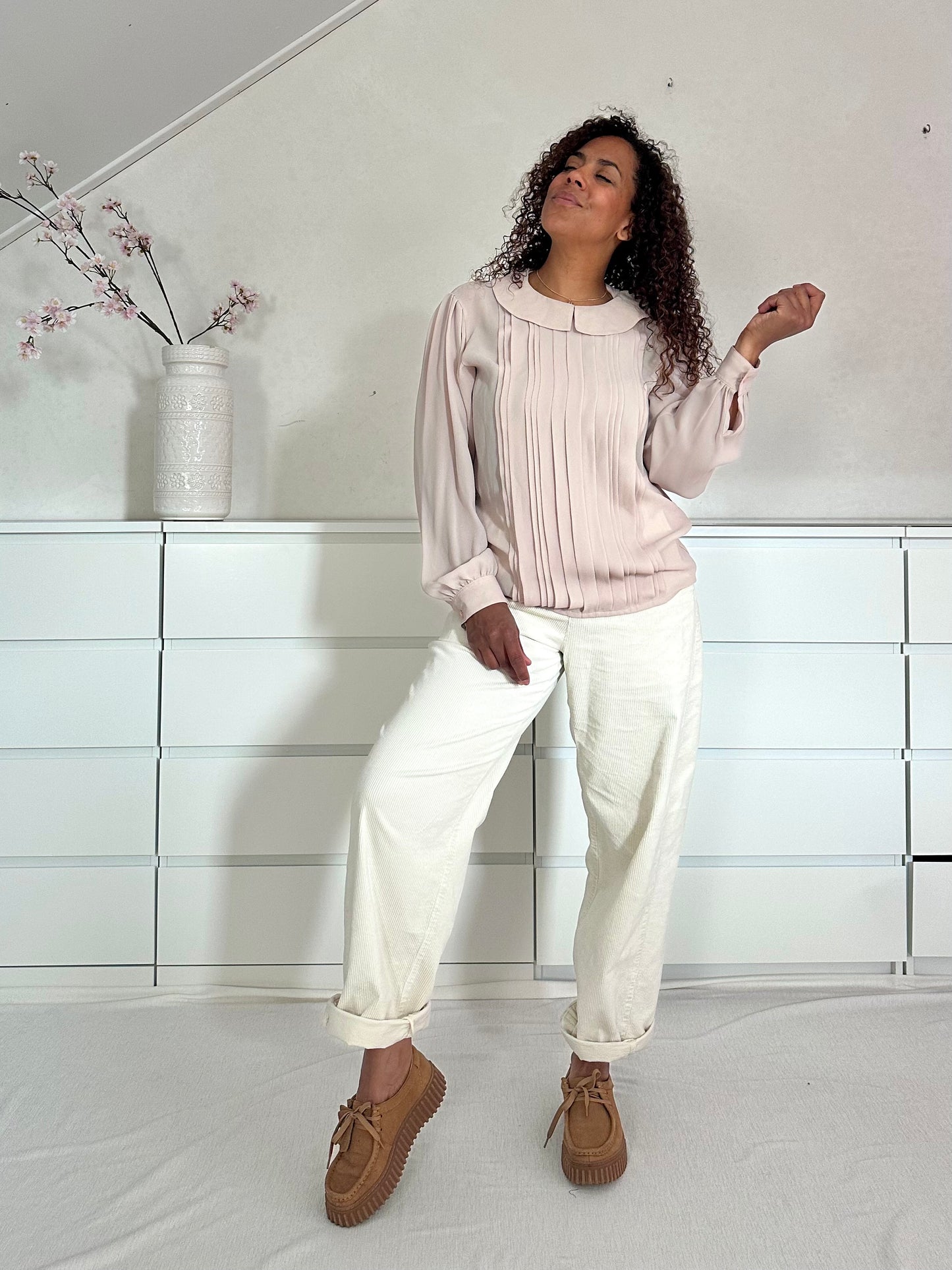 Vintage zachtroze plooi blouse M-L