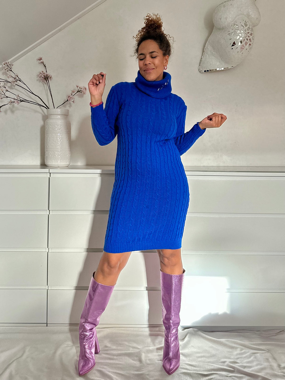 Vintage gebreide blauwe jurk met col - M