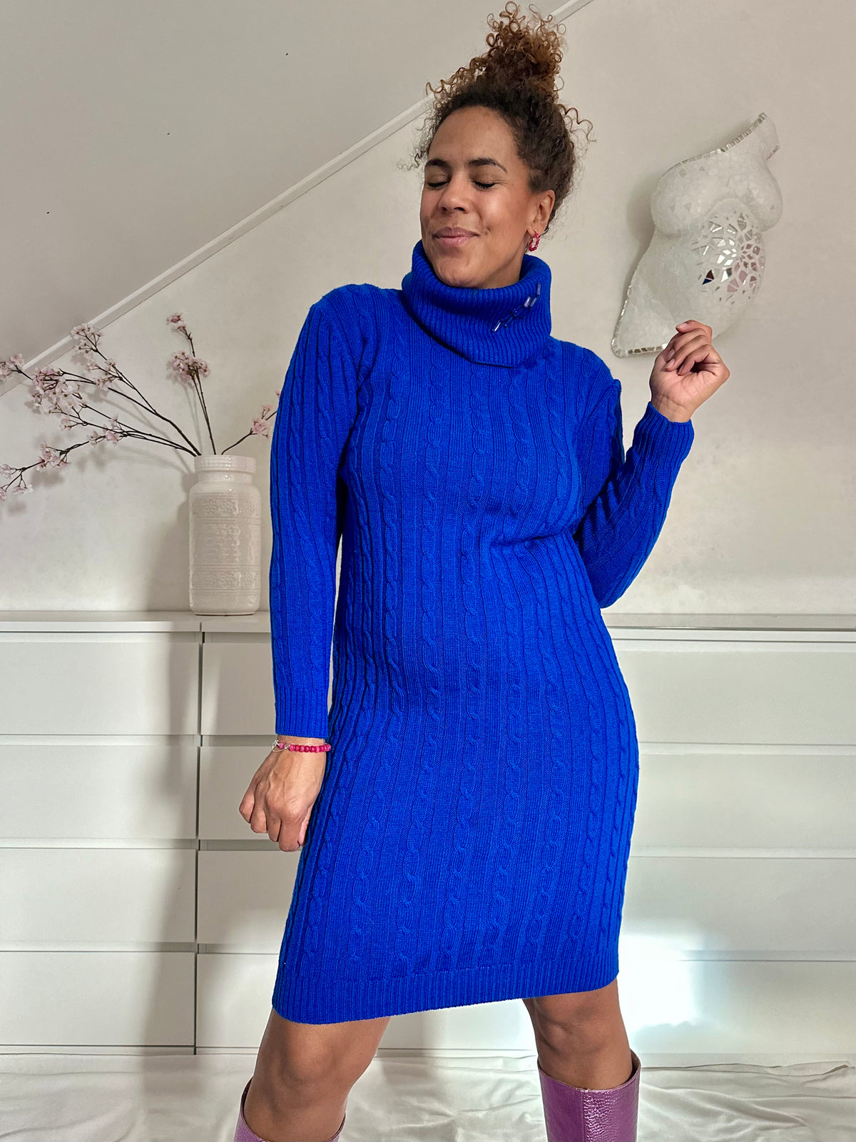 Vintage gebreide blauwe jurk met col - M