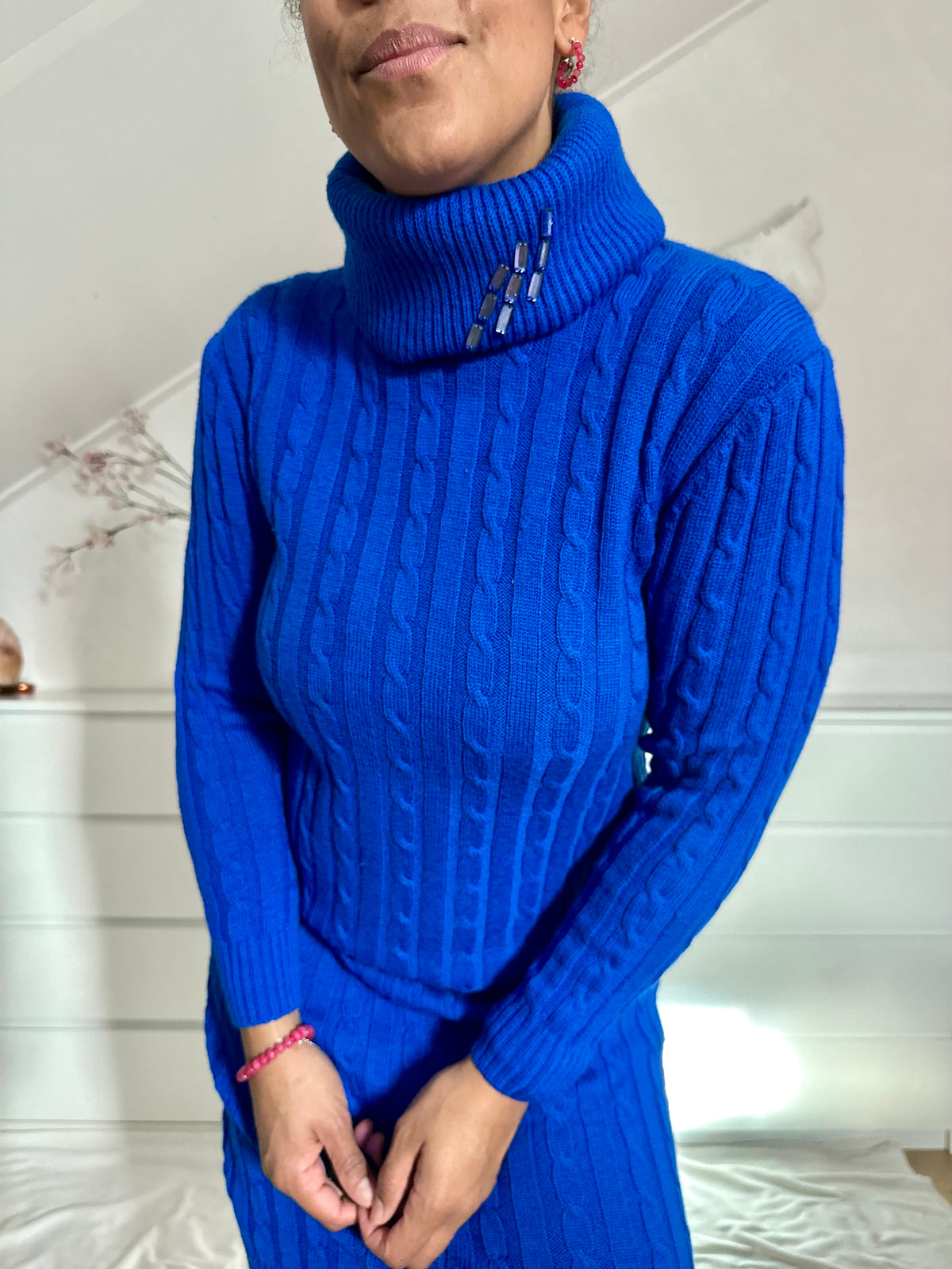 Vintage gebreide blauwe jurk met col - M
