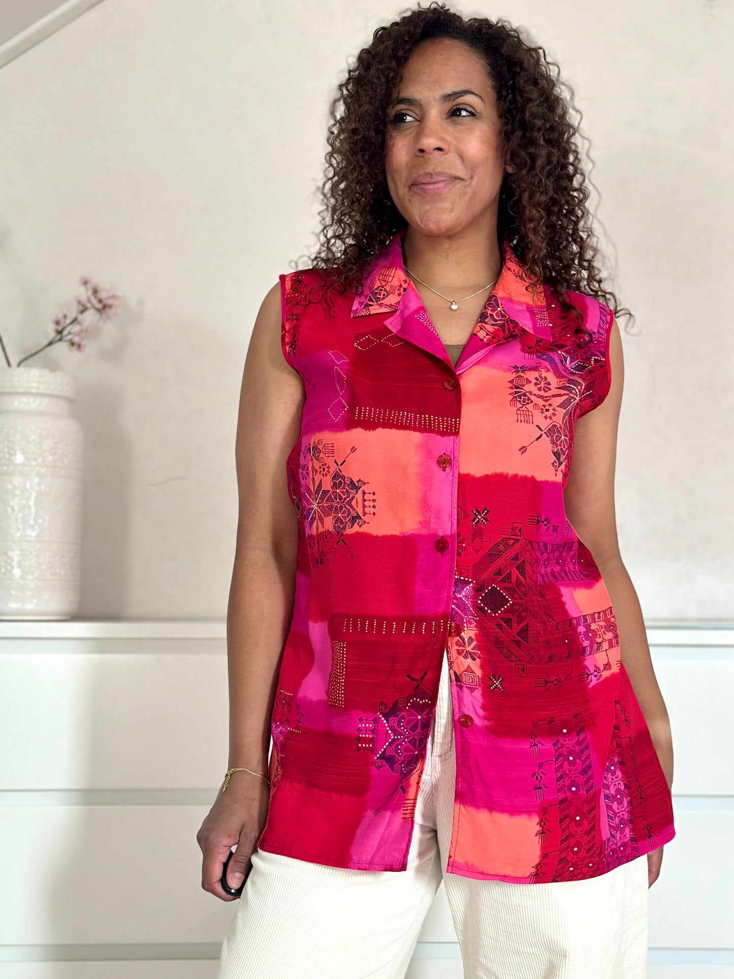 Vintage mouwloos blousje in koraal, rood en roze - L-XL