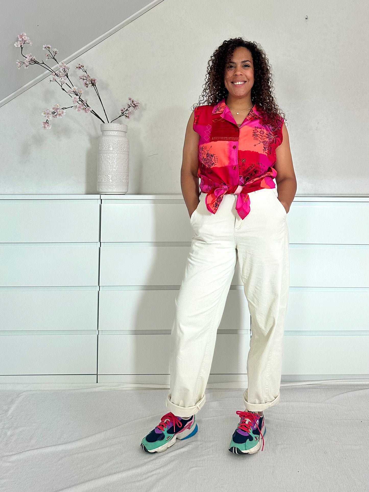 Vintage mouwloos blousje in koraal, rood en roze - L-XL