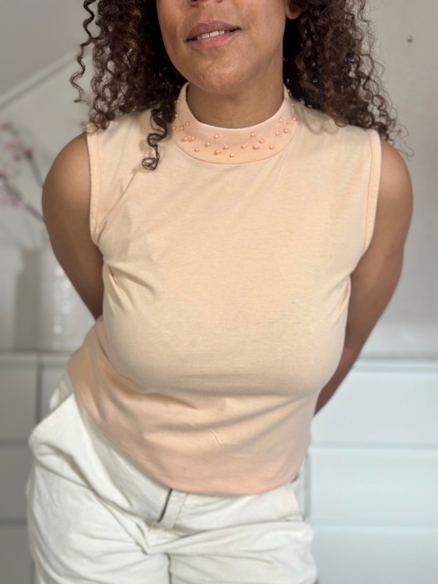 Vintage mouwloze blush top met kraaltjes - M/L