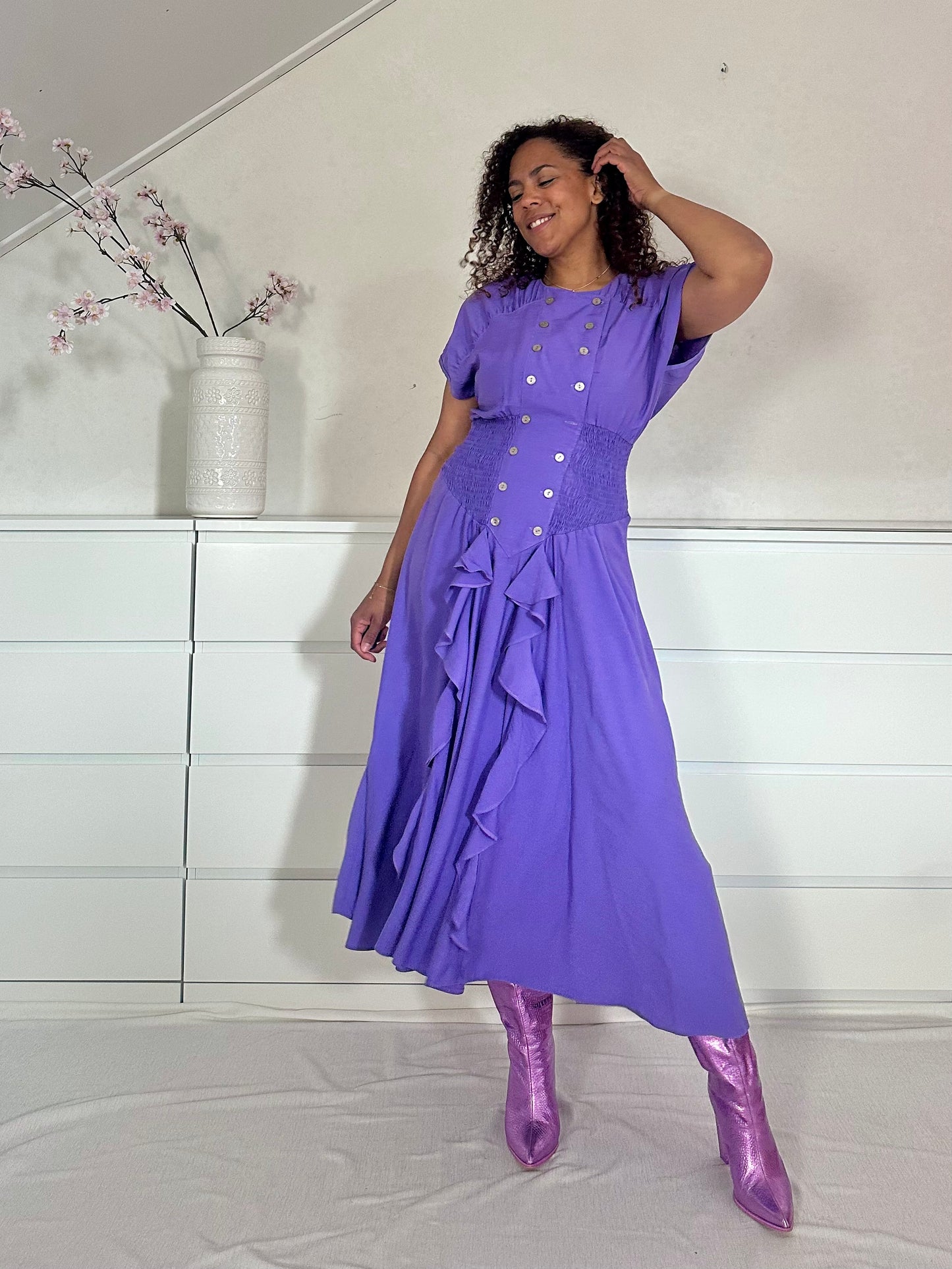 Vintage 80’s maxi jurk met ruches - L