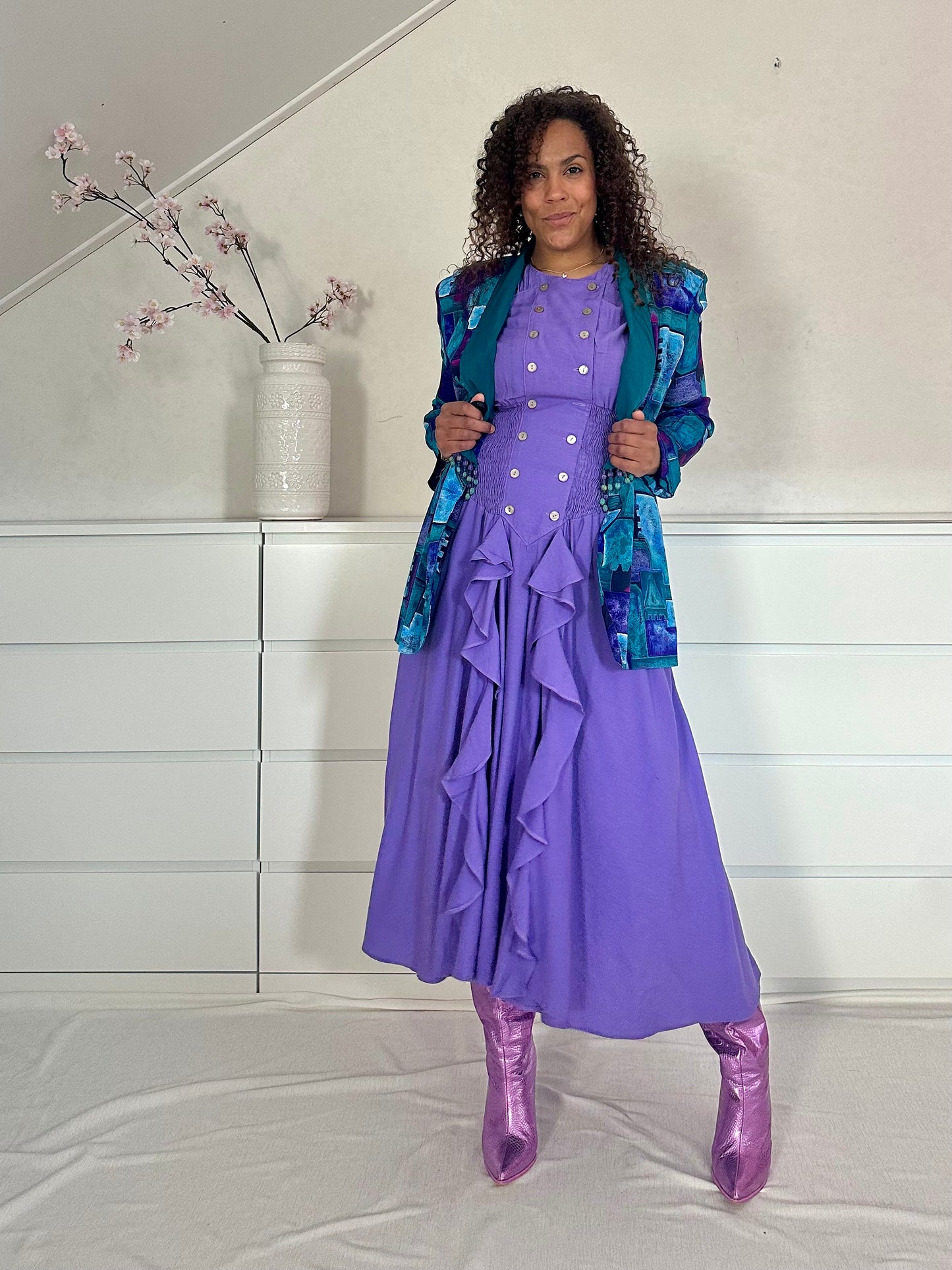 Vintage 80’s maxi jurk met ruches - L