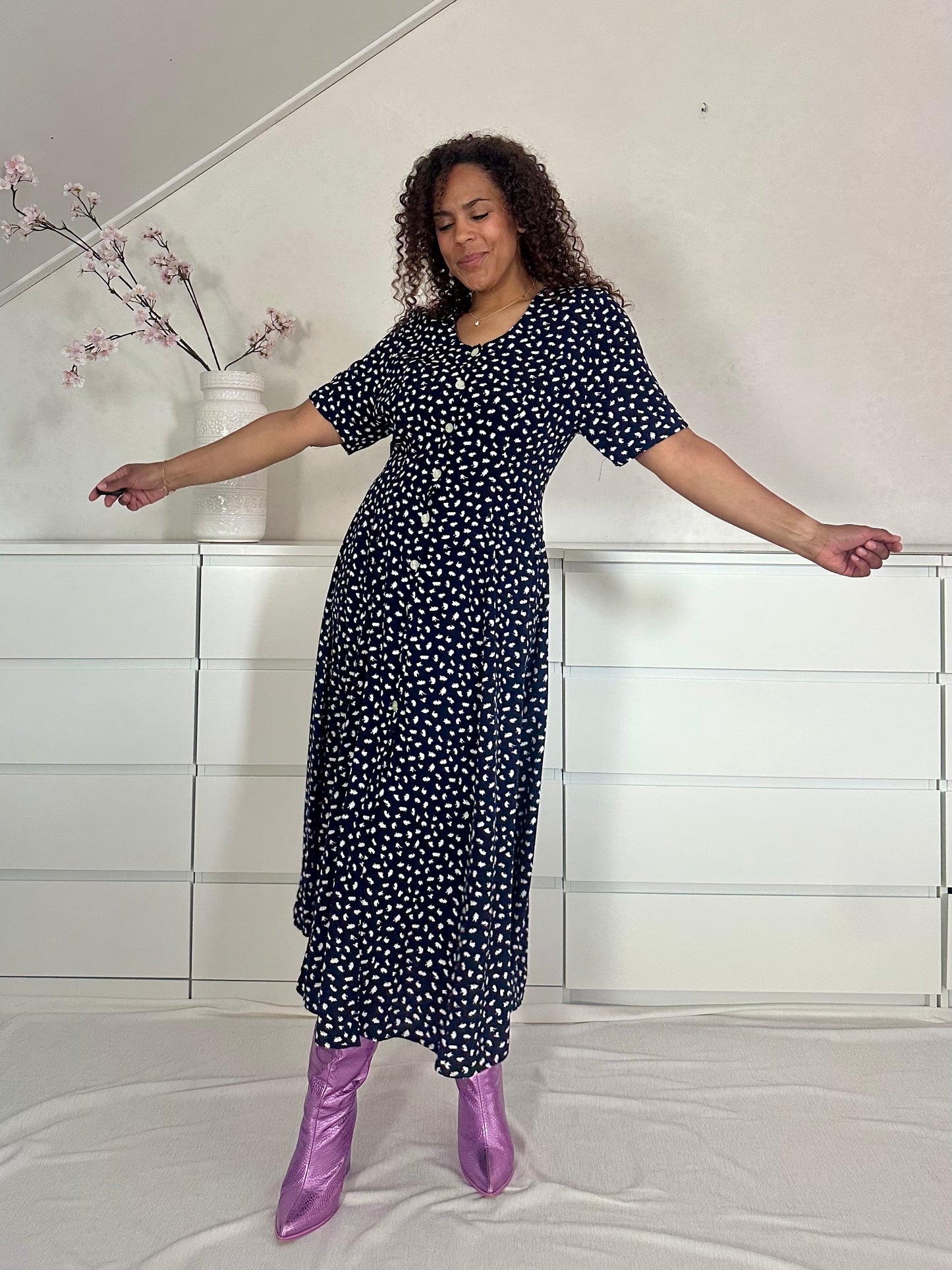 Vintage viscose maxi-jurk met fake polka dot print - L