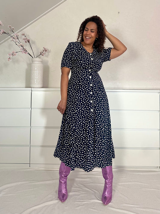 Vintage viscose maxi-jurk met fake polka dot print - L