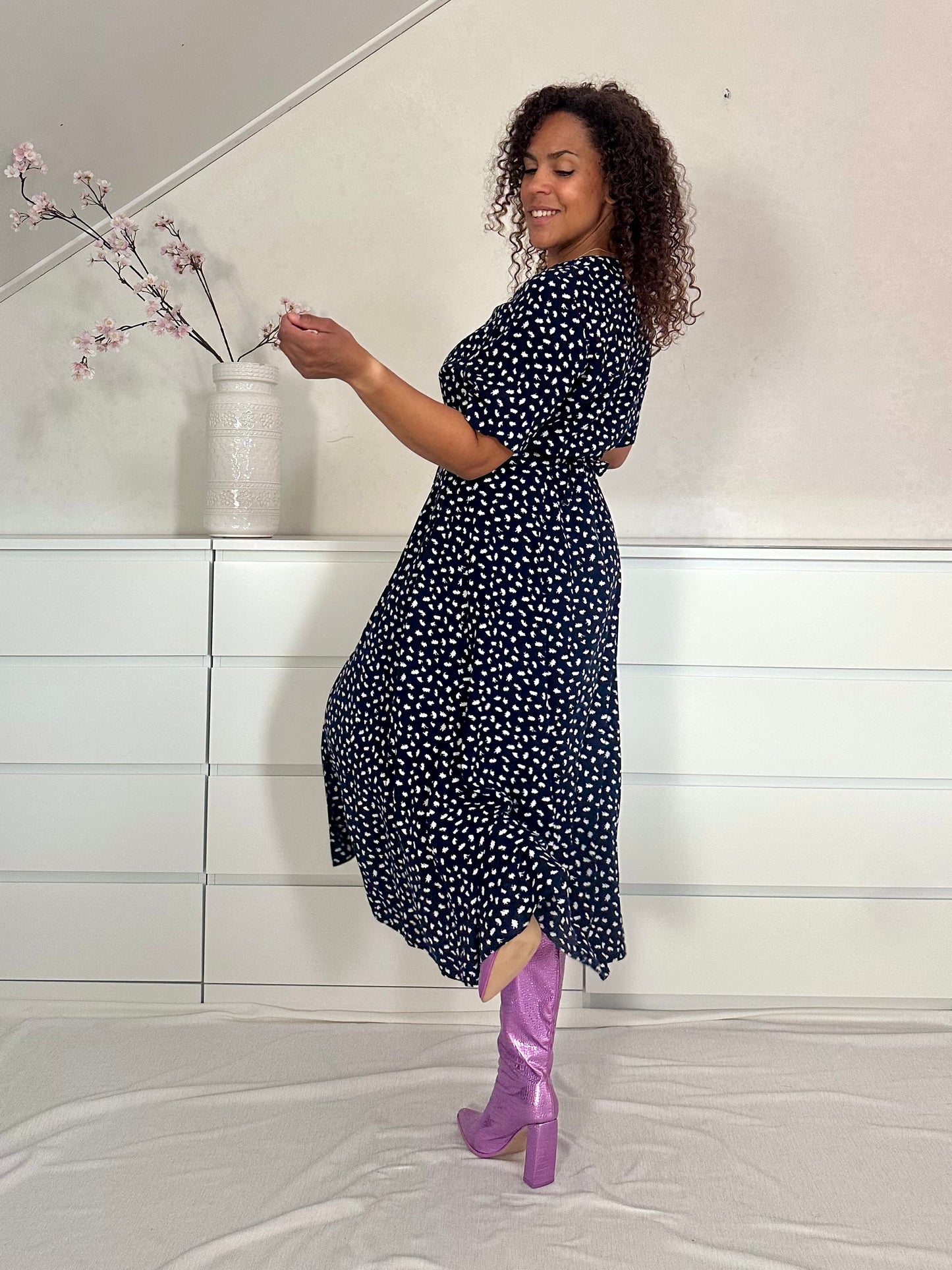 Vintage viscose maxi-jurk met fake polka dot print - L