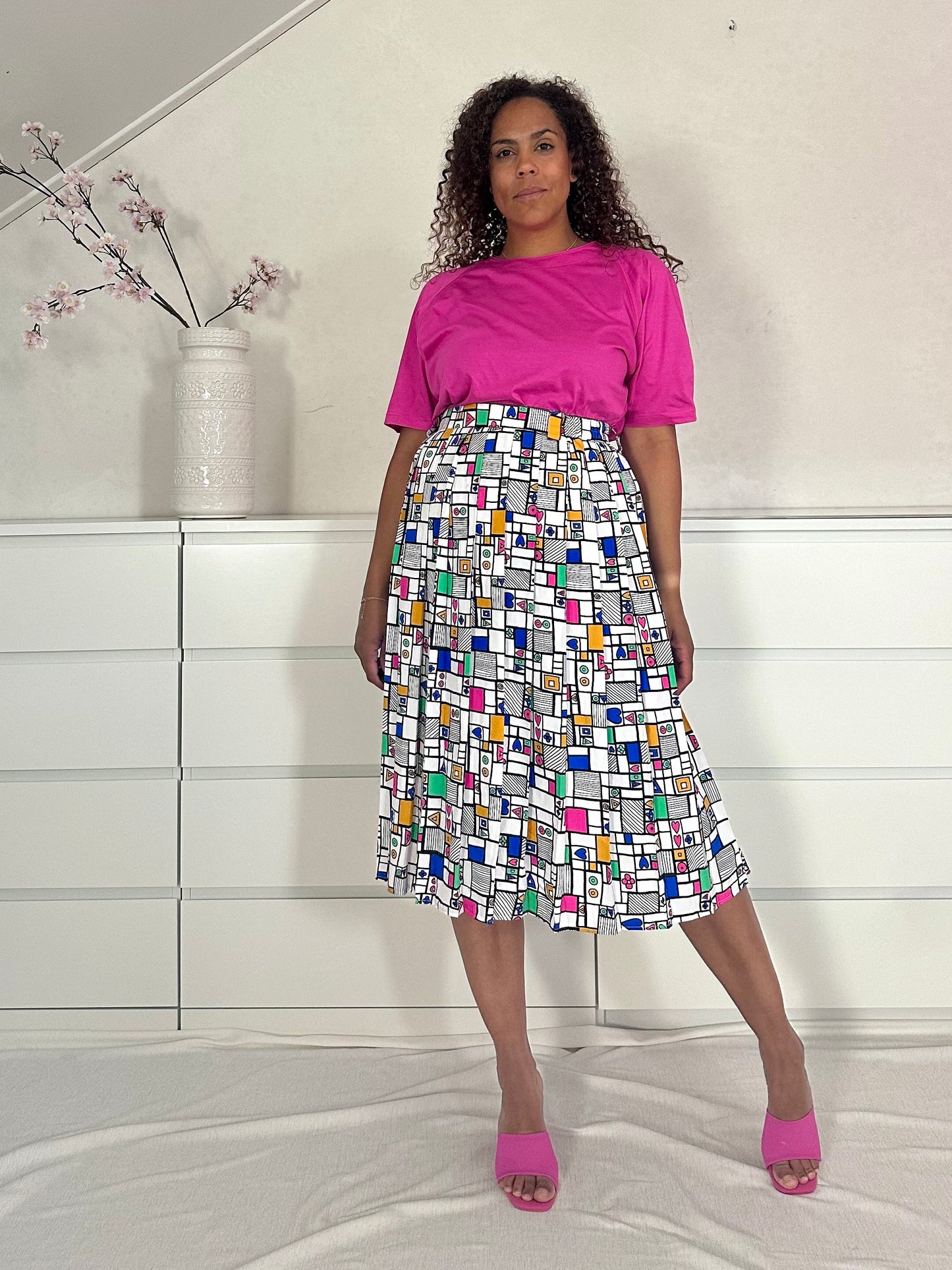 Vintage Mondriaan midi-rok met plooien - XL