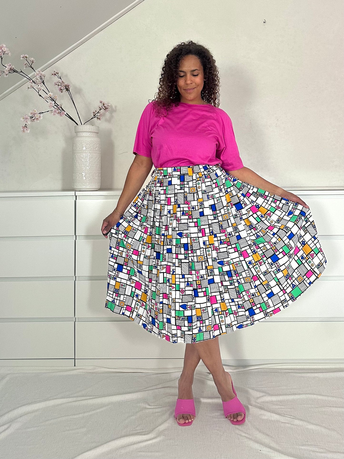 Vintage Mondriaan midi-rok met plooien - XL