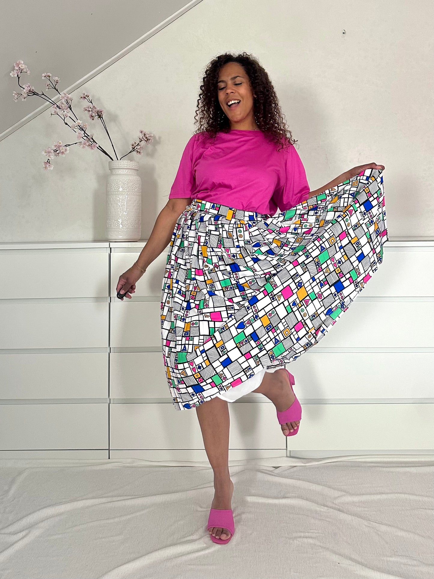 Vintage Mondriaan midi-rok met plooien - XL
