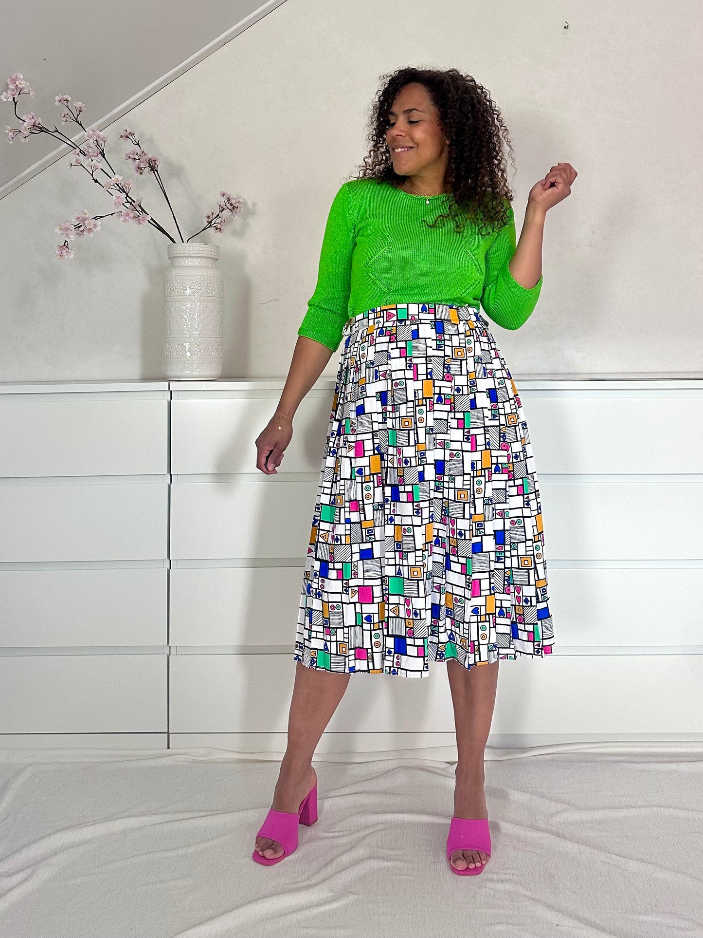 Vintage Mondriaan midi-rok met plooien - XL