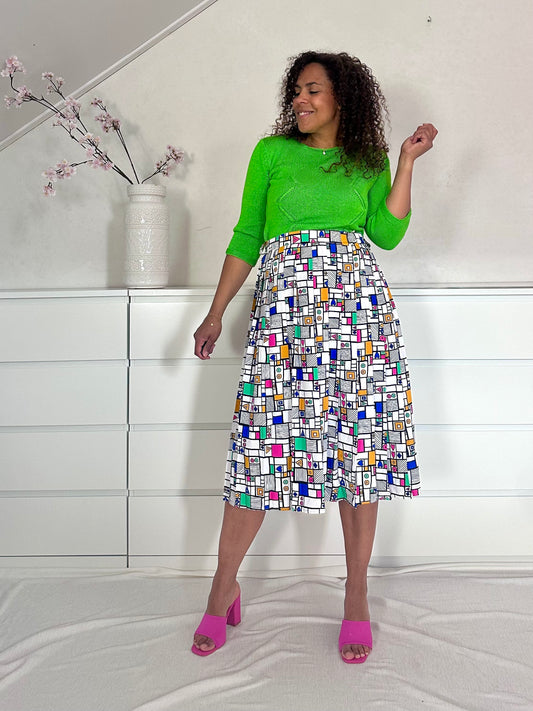 Vintage Mondriaan midi-rok met plooien - XL