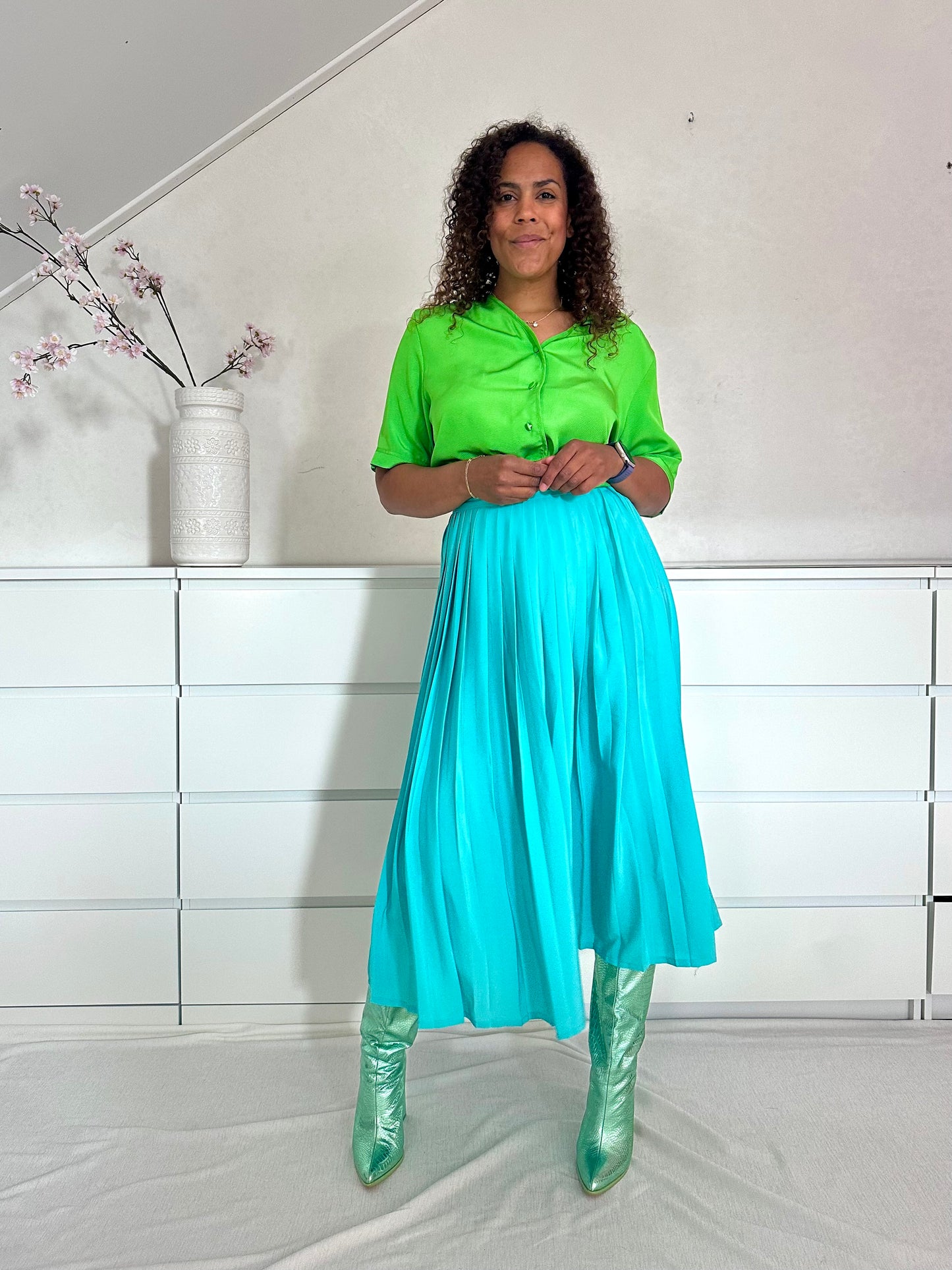 Vintage turquoise midi-rok met plooien - M/L
