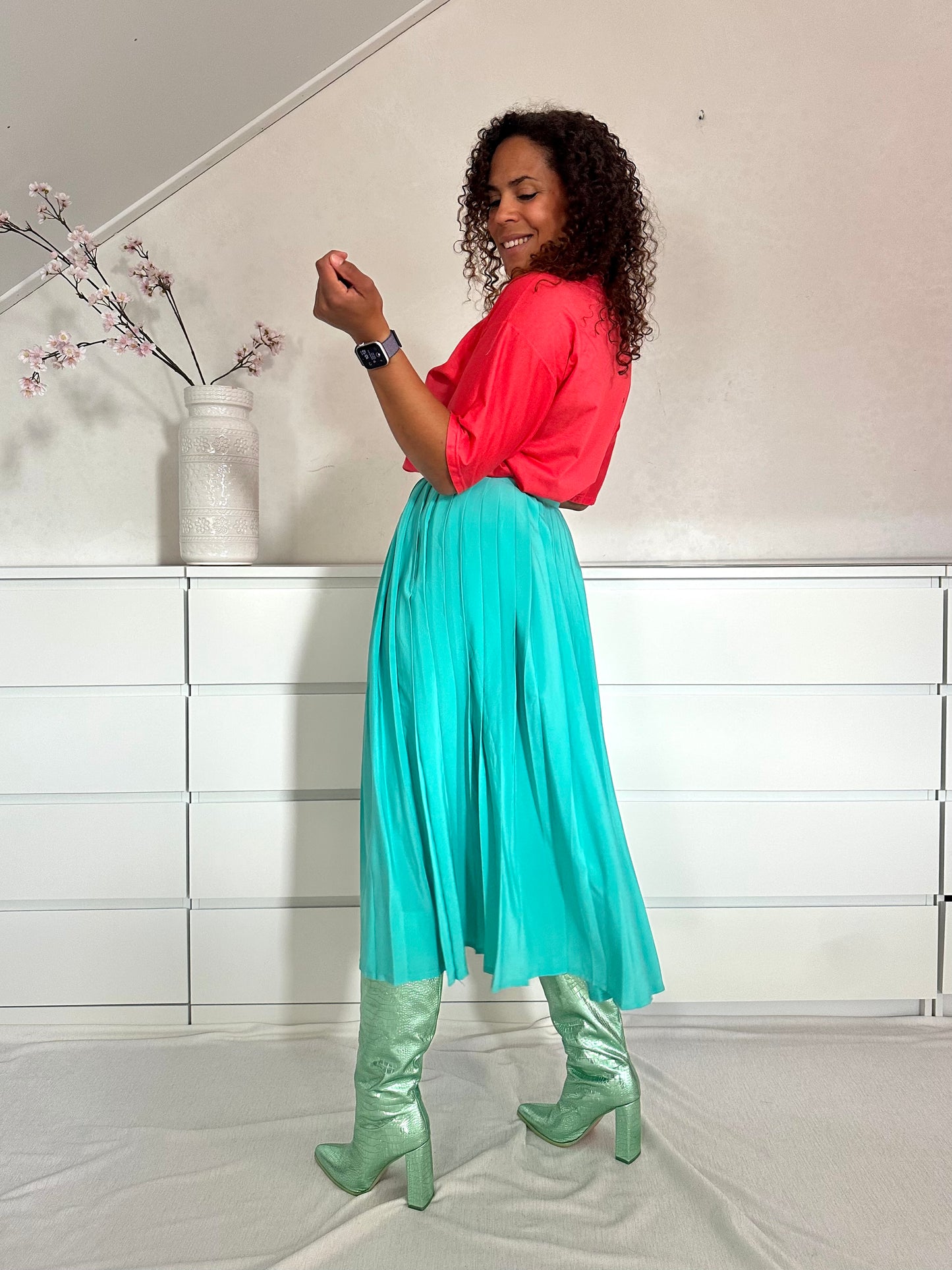 Vintage turquoise midi-rok met plooien - M/L