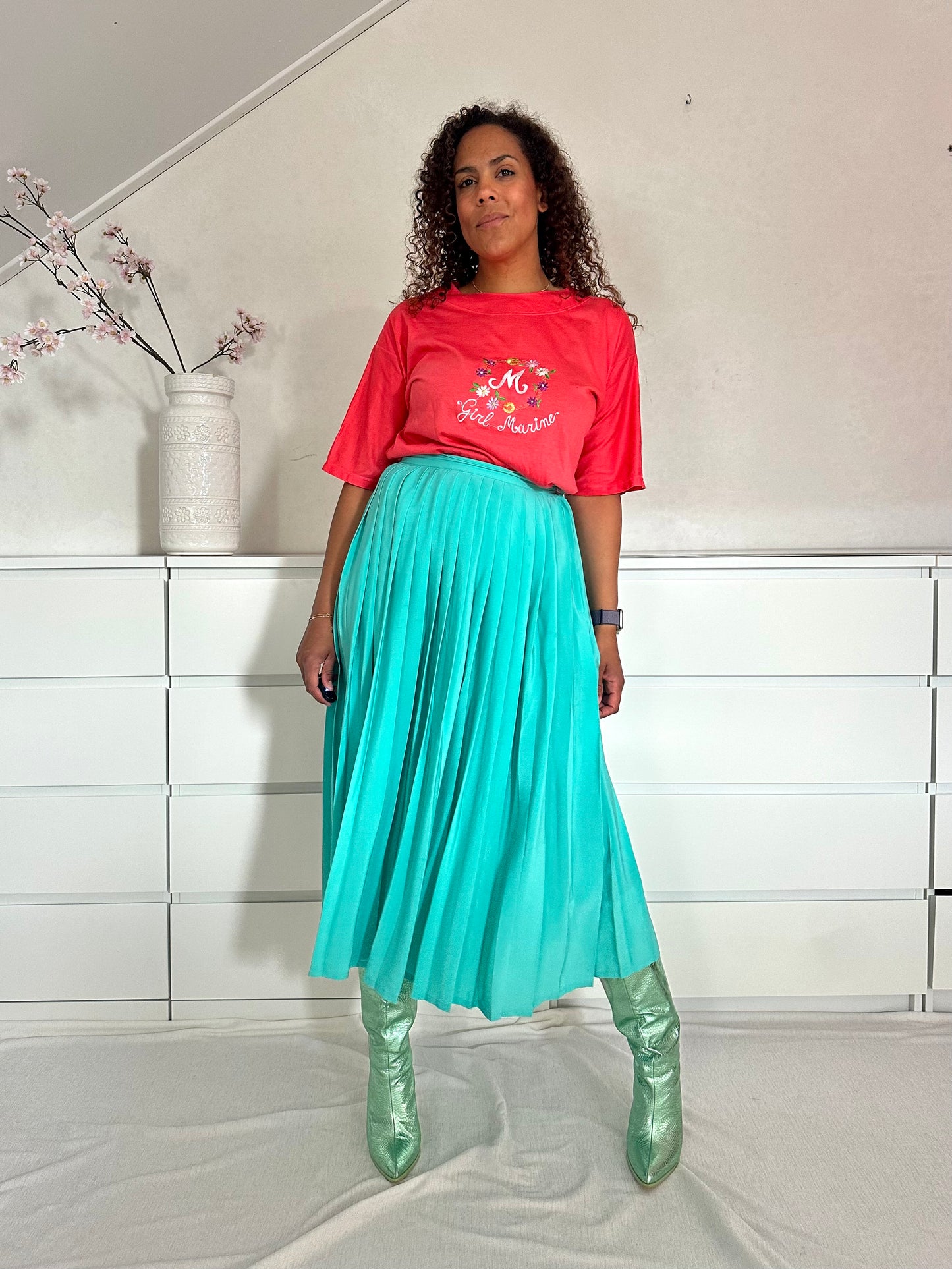 Vintage turquoise midi-rok met plooien - M/L