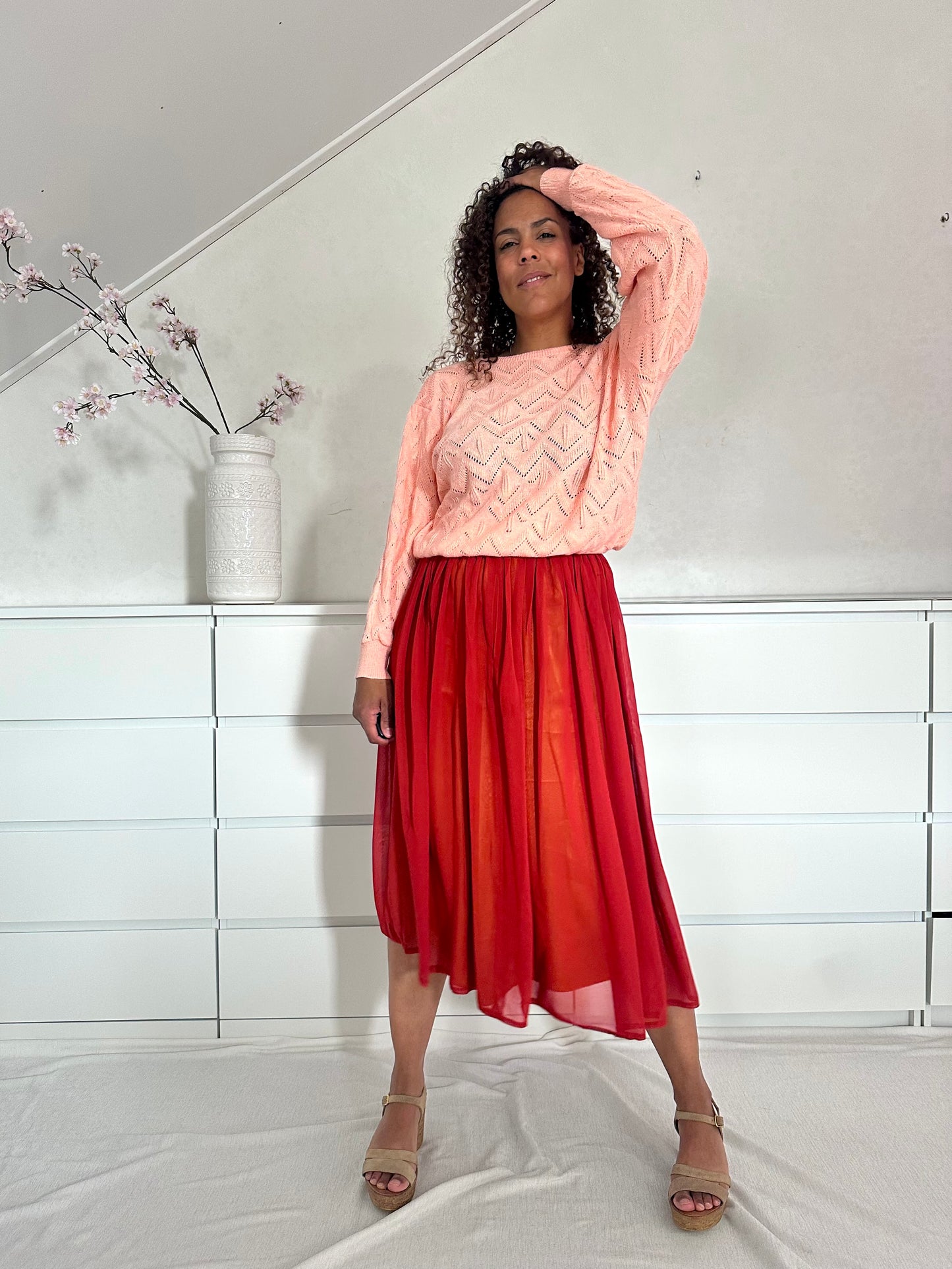 Vintage peach sweater met zigzag patroon - M/L