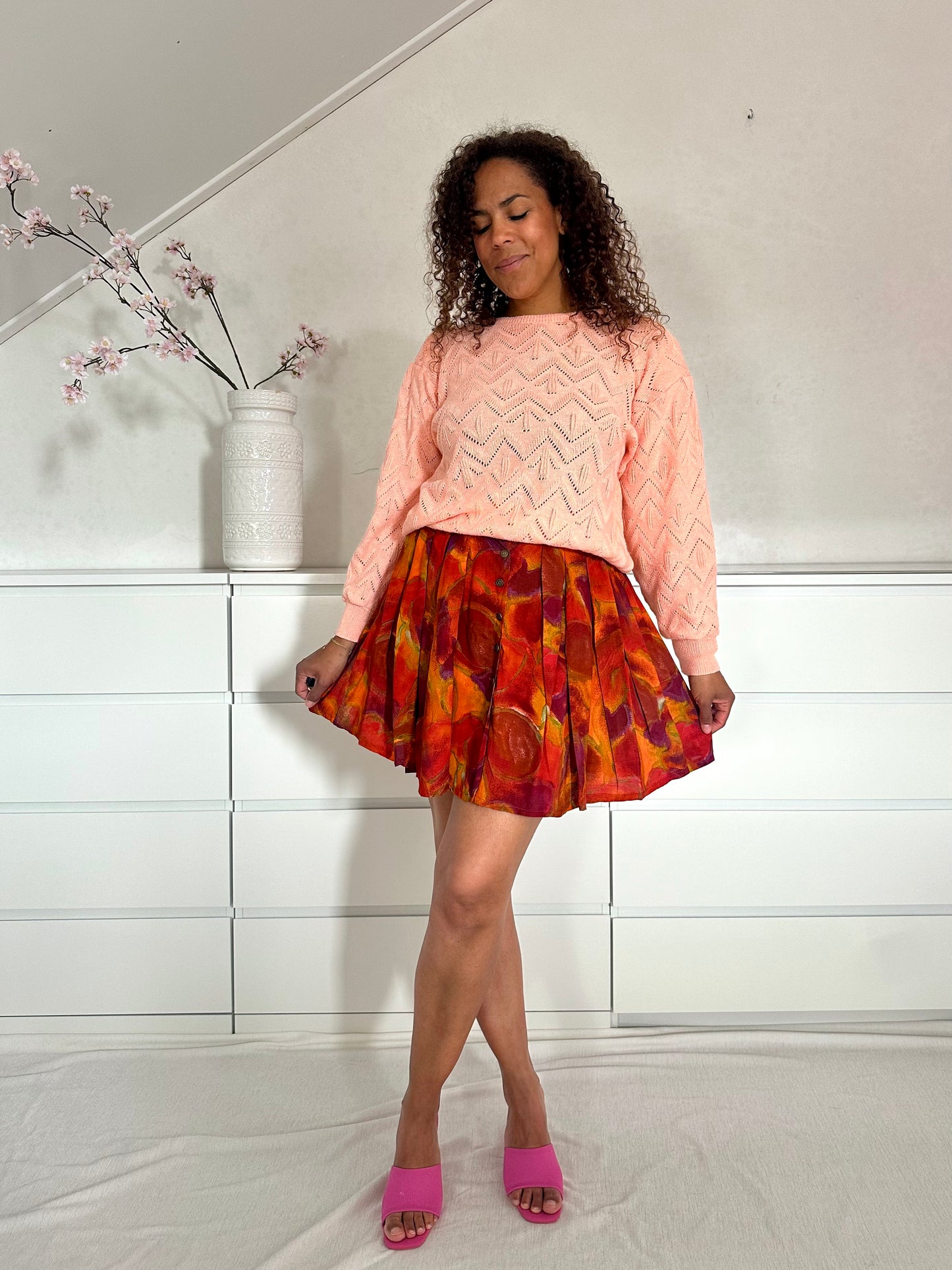Vintage peach sweater met zigzag patroon - M/L