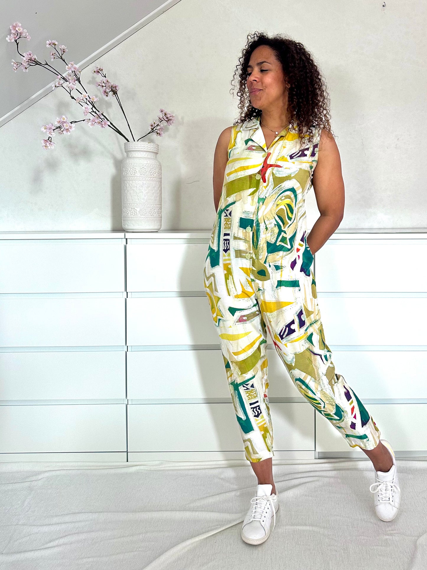 Vintage viscose 80’s jumpsuit met print - S/M