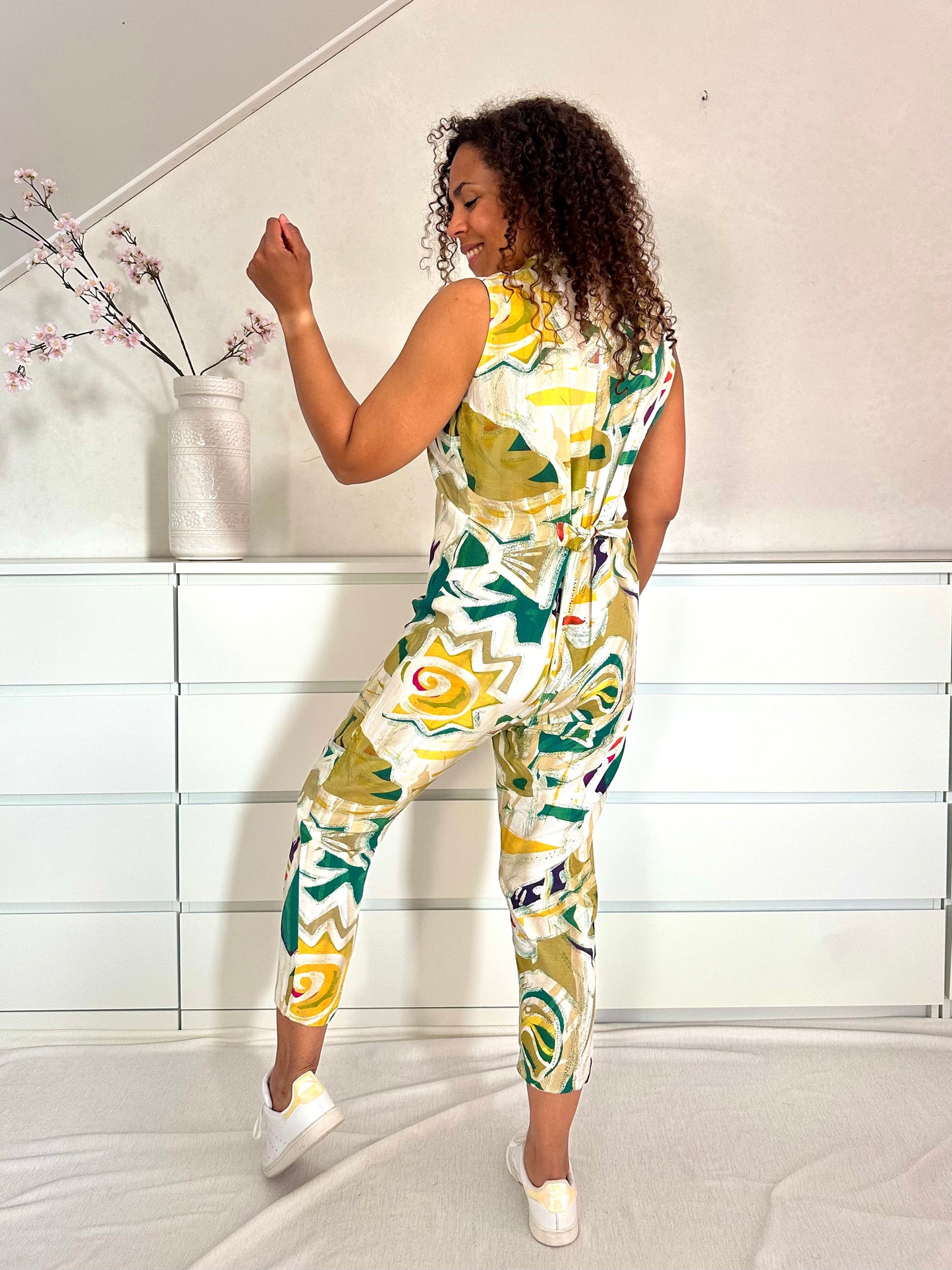 Vintage viscose 80’s jumpsuit met print - S/M