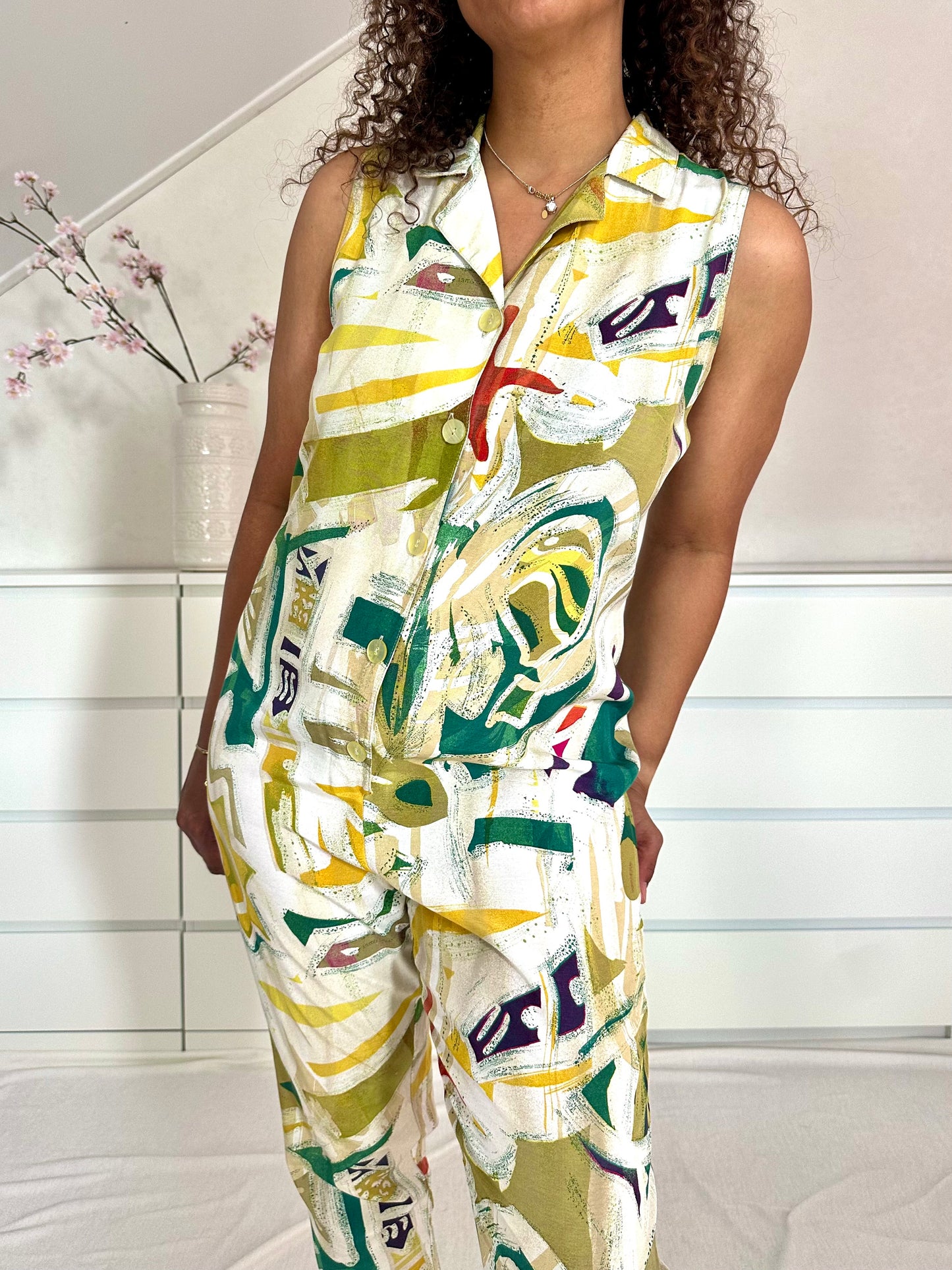 Vintage viscose 80’s jumpsuit met print - S/M